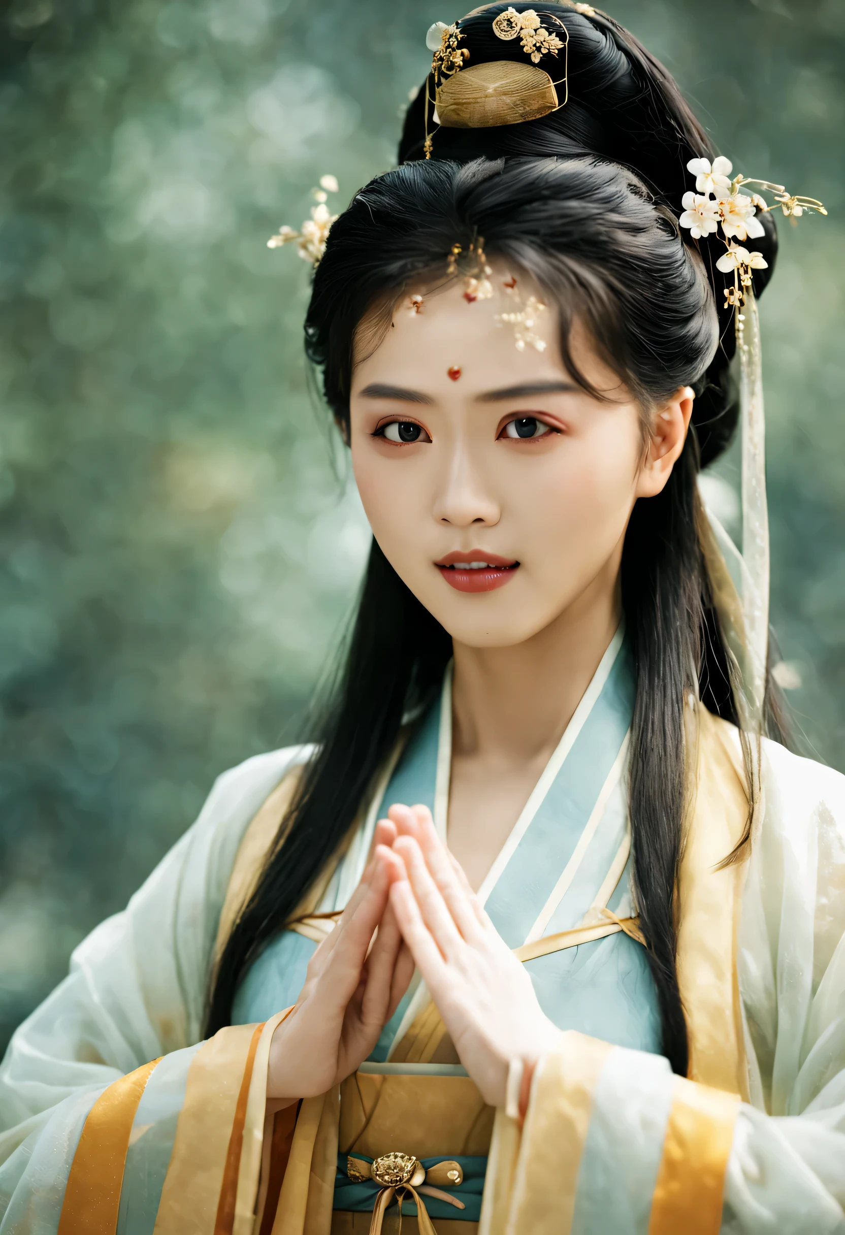 movie photos of (Masterpiece,best quality,Ultra high resolution:1.2),(Realistic photos:1.3),beautiful face,exquisite face,Look at the viewer.,
side_light,Character pictures,
1 girl,face_Point of interest,Zhou Haimei,
Hanfu,Tang style clothing,35mm photo, film, Bokeh, professional, 4k, Highly detailed