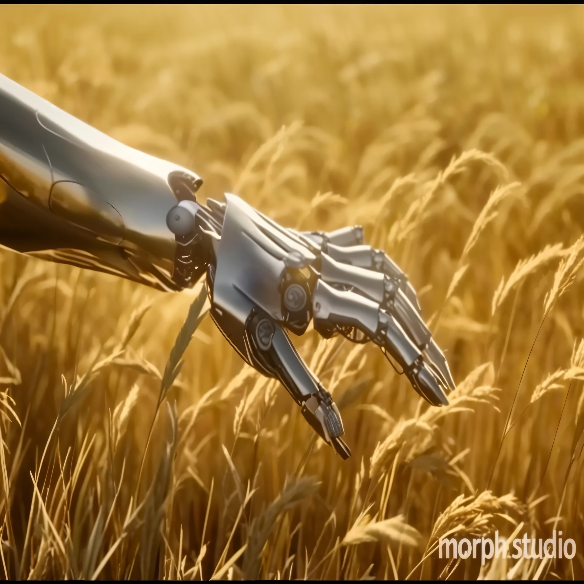 There is a robot hand that is in a wheat field, amazing cgi, transhumanism, mechanical limbs, Bionic Cyborg Implants, robotic arms, organic and robotic, Bionic implants, bionics, Bionic Arms and Eyes, vfx surrealista muy detallado, la singularidad ai venidera, ARTE CGI, 4d cinematic render, Robotic outstretched arms, CGI animation