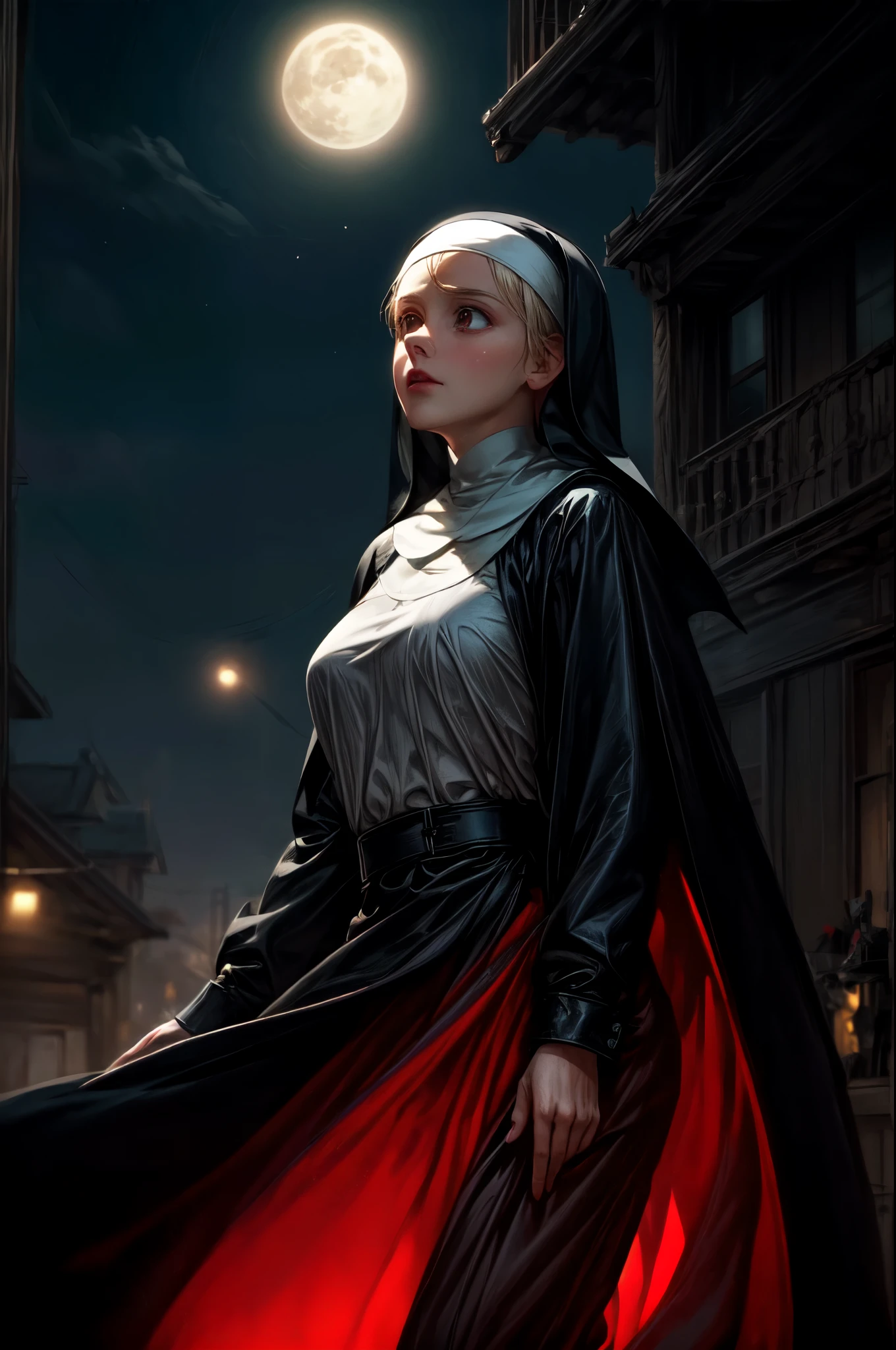 a picture of an exquisite beautiful female (nun: 1.3) vampire standing under the starry night sky on the porch of her monastary, action shot, dynamic angle (ultra detailed, Masterpiece, best quality), ultra detailed face (ultra detailed, Masterpiece, best quality), ultra feminine, (pale skin: 1.3), red hair, wavy hair, dynamic eyes color, cold eyes, glowing eyes, intense eyes, dark red lips, [fangs], wearing white nun habit (ultra detailed, Masterpiece, best quality), wearing blue cloak (ultra detailed, Masterpiece, best quality), long cloak, flowing cloak (ultra detailed, Masterpiece, best quality), wearing high heeled boots, sky full of stars background, moon, bats flying about, action shot, high details, best quality, 16k, [ultra detailed], masterpiece, best quality, (ultra detailed), full body, ultra wide shot, photorealism, dark fantasy art, dark fantasy art, gothic art, many stars, dark fantasy art, gothic art, sense of dread, bloodmagic