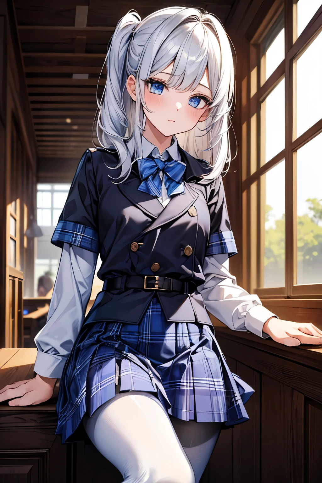masterpiece, best quality, {best quality}, {{masterpiece}}, {high resolution}, girl,student,Uniforms,jk ,blue plaid skirt,white hair,cute,1girl,Small black boots,white pantyhose,beauty,big blue eyes