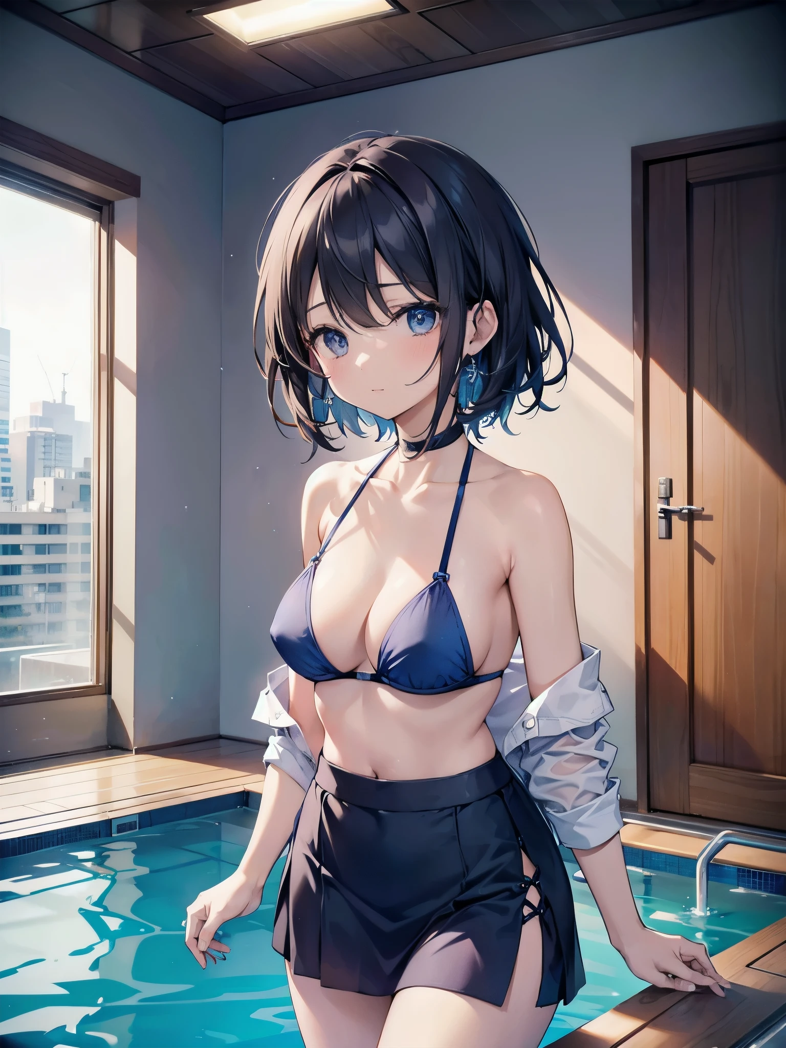 A 27-year-old female office worker enjoys her day off at the indoor pool.、dark brownの髪色でロングボブヘアーです、A bikini that combines an indigo cloth that covers from 4 cm below the right collarbone to the bottom of the left nipple, and an indigo cloth that covers from 4 cm below the left collarbone to the bottom of the right nipple.、blue bikini pants、I am wearing a transparent pareo skirt.、The ceiling and walls are made of glass、You can see the night sky outside the glass、