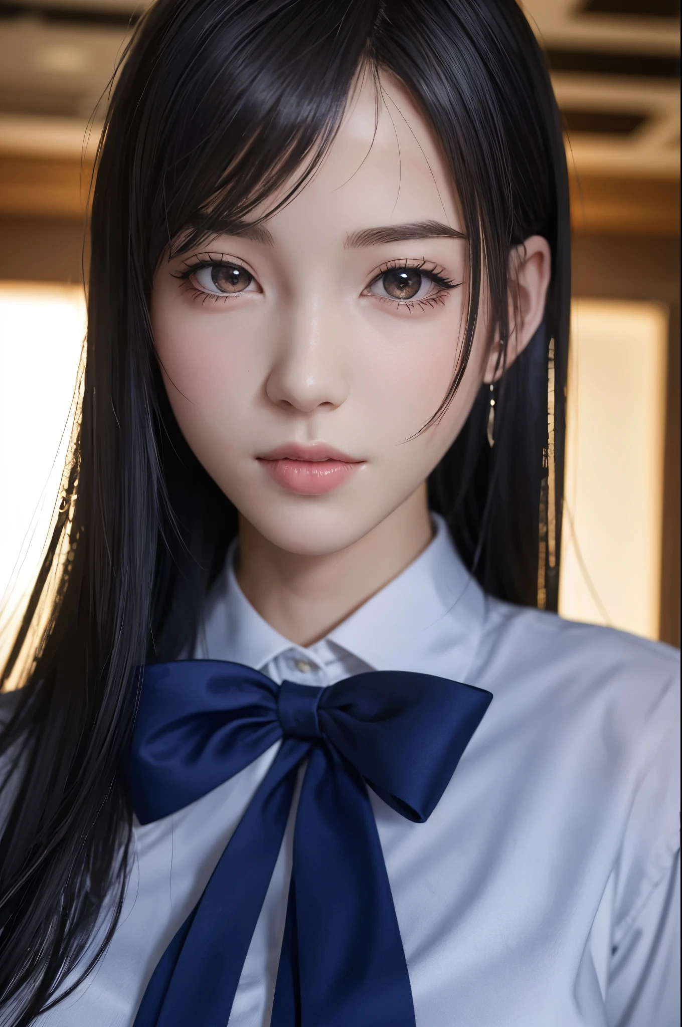 {top quality, masterpiece, ultra detailed}, (Realistic: 1.3), (photo Realistic: 1.3),wallpapers, BREAK {from below},(((FF7,Tifa_lockhart))),{{{Japanese JK uniform, collared school shirt, long-sleeved, Navy Blue Plaid Pleated mini-Skirt}}}, {{high school, classroom}}, Cinematic lighting, sunset ,{{sexy pose, Nogizaka idol}}, Ultra-detailed face, Detailed eyes, Red eyes, BREAK (((FF7,Tifa_lockhart))),{black brown hair, Large breasts}, BREAK , About 18 years old, kawaii, sensual, looking at viewer,{{{face focus, lip close up}}},Challenging eyes, making fun of the viewer, mocking