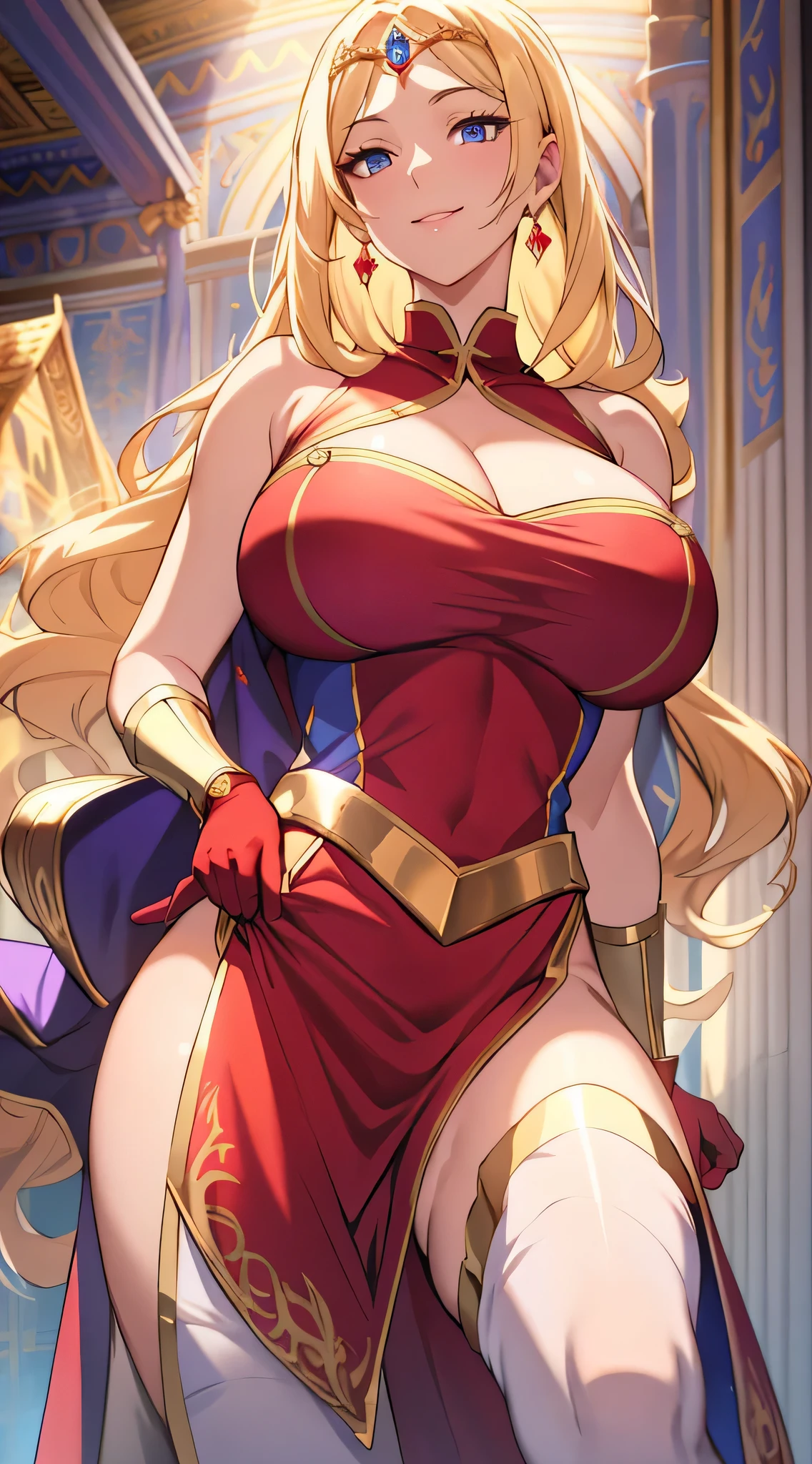 Lian, long blonde hair, hair stick, bangs, blue eyes, solo, smiling, standing, upper body, hips, bare shoulders,purple thighhighs, red dress, gold jewelry,armor,gloves,circlet, cleavage, red and gold royal castle, gigantic breasts, (best quality, masterpiece, beautiful and aesthetic:1.2, highest detailed face, perfect face,)  eyes, perfect face,expressive eyes,
looking at viewer, in the center of the image,(Upper_body),(Focus on her face),
official art,extremely detailed CG unity 8k wallpaper, perfect lighting,Colorful, Bright_Front_face_Lighting,shiny skin, 
(masterpiece:1.0),(best_quality:1.0), ultra high res,4K,ultra-detailed
