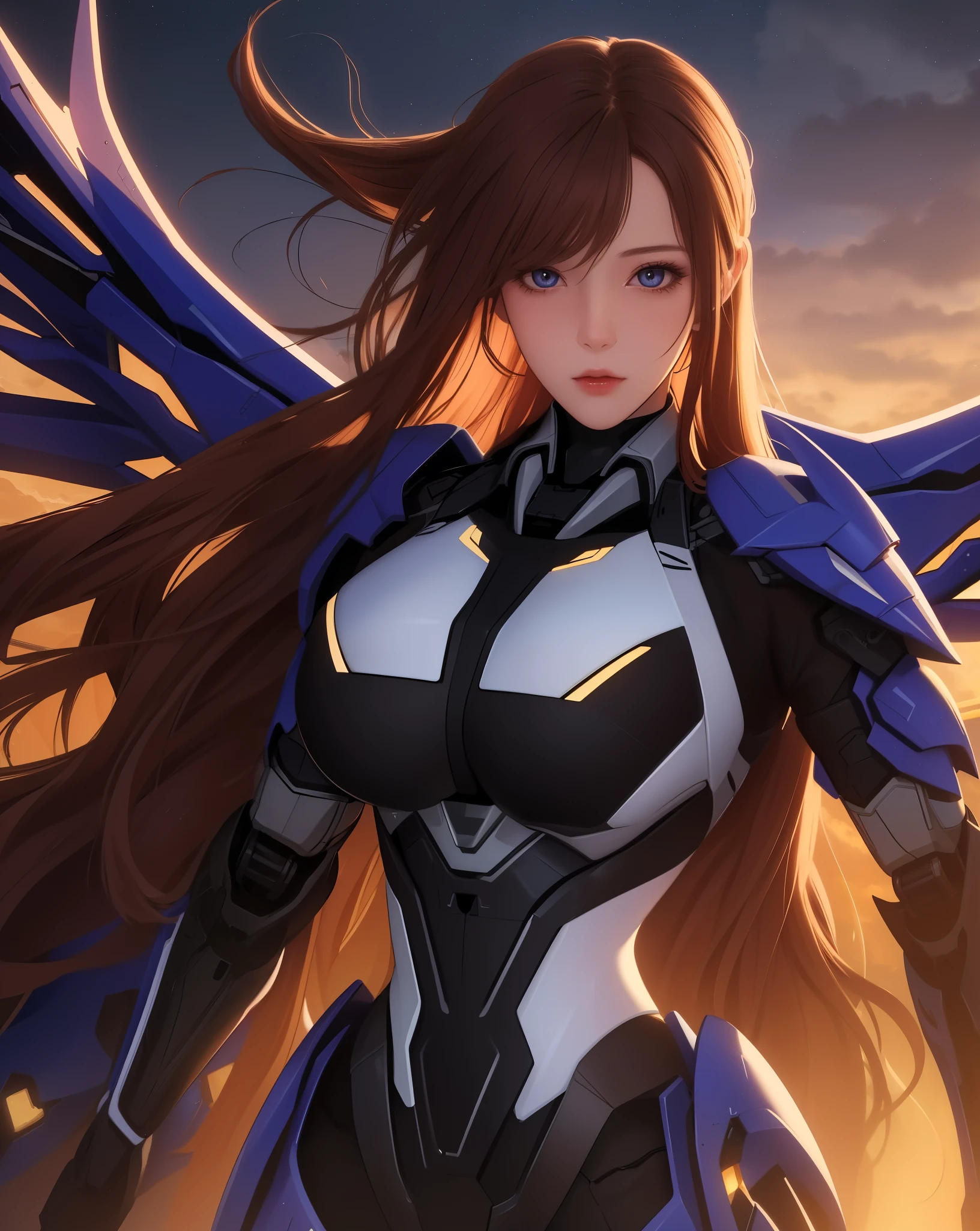 ((masterpiece)), ((best quality)), ((illustration)), extremely detailed,1 girl,mecha clothes,, big breasts,Dark red very_long_hair, scifi hair ornaments, beautiful detailed deep eyes, beautiful detailed sky, cinematic lighting, wind,Mechanical wings
