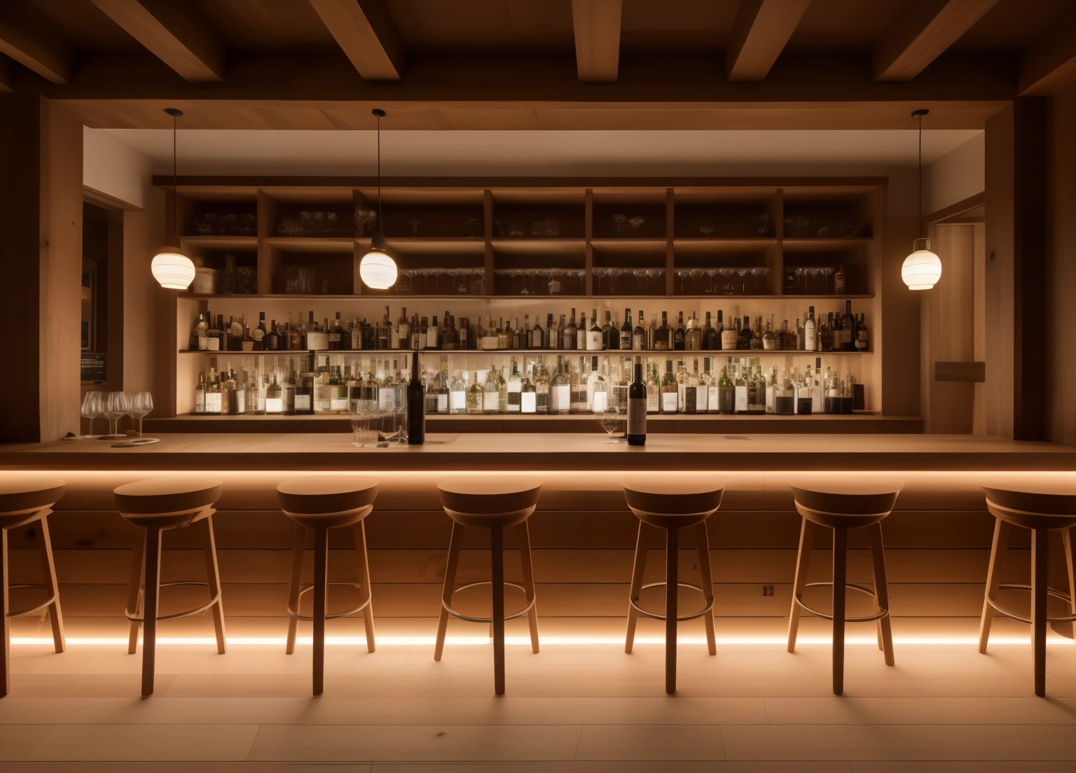 madera rustica, estilo viejo, bar tradicional, sencillo, rustico, estantes medio vacios, poca luz blanca, frente a la barra