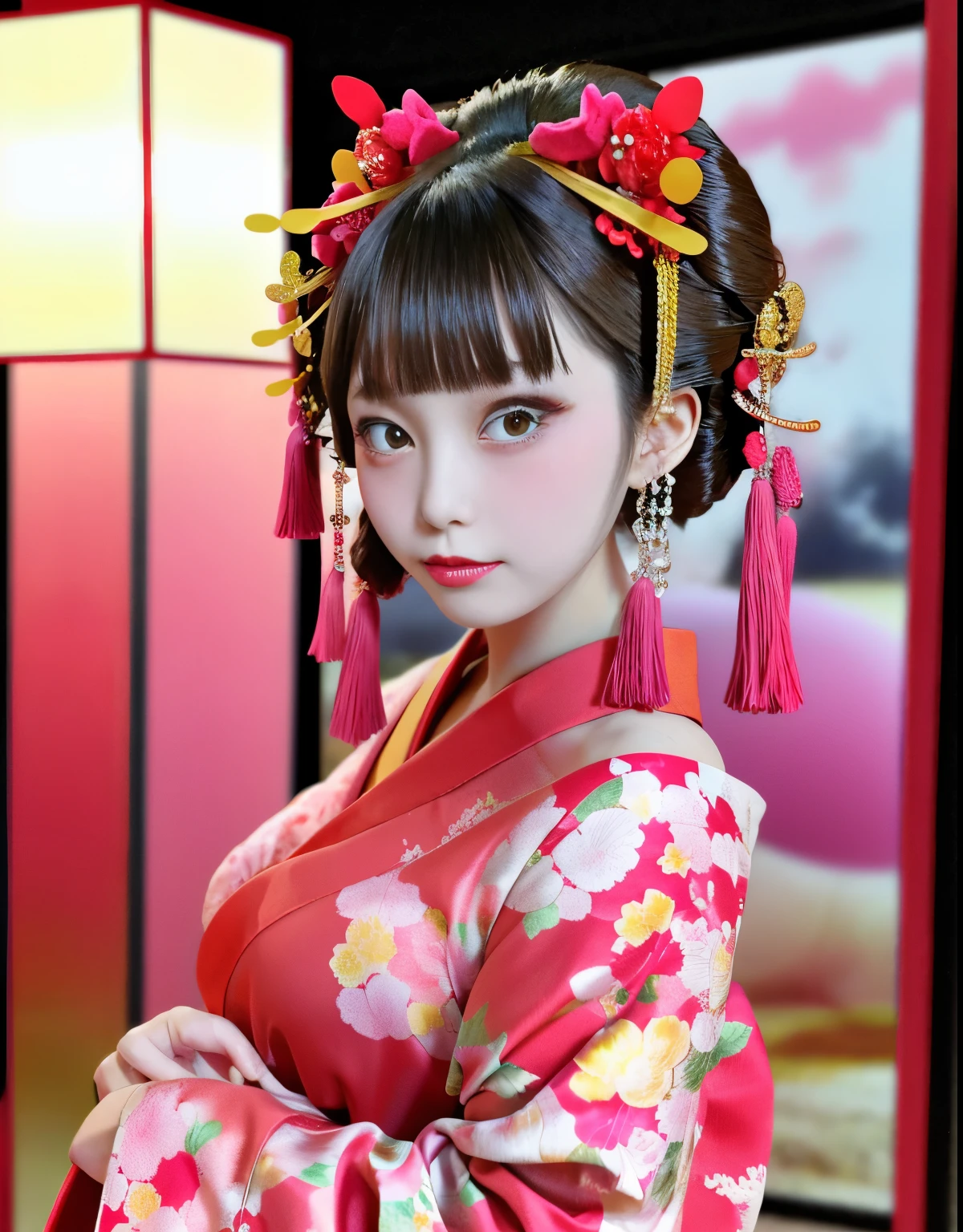 4k, masterpiece, High resolution, disorganized,Natural volumetric lighting and best shadows, 笑face,deep い is written in the depth of the world,soft delicate beautiful attractive face, beautiful edge courtesan_woman, a woman in a kimono posing for a picture ,perfect edge courtesan_face,perfect edge courtesan_body,edgOiran_compensate,edgOiran_hairstyle