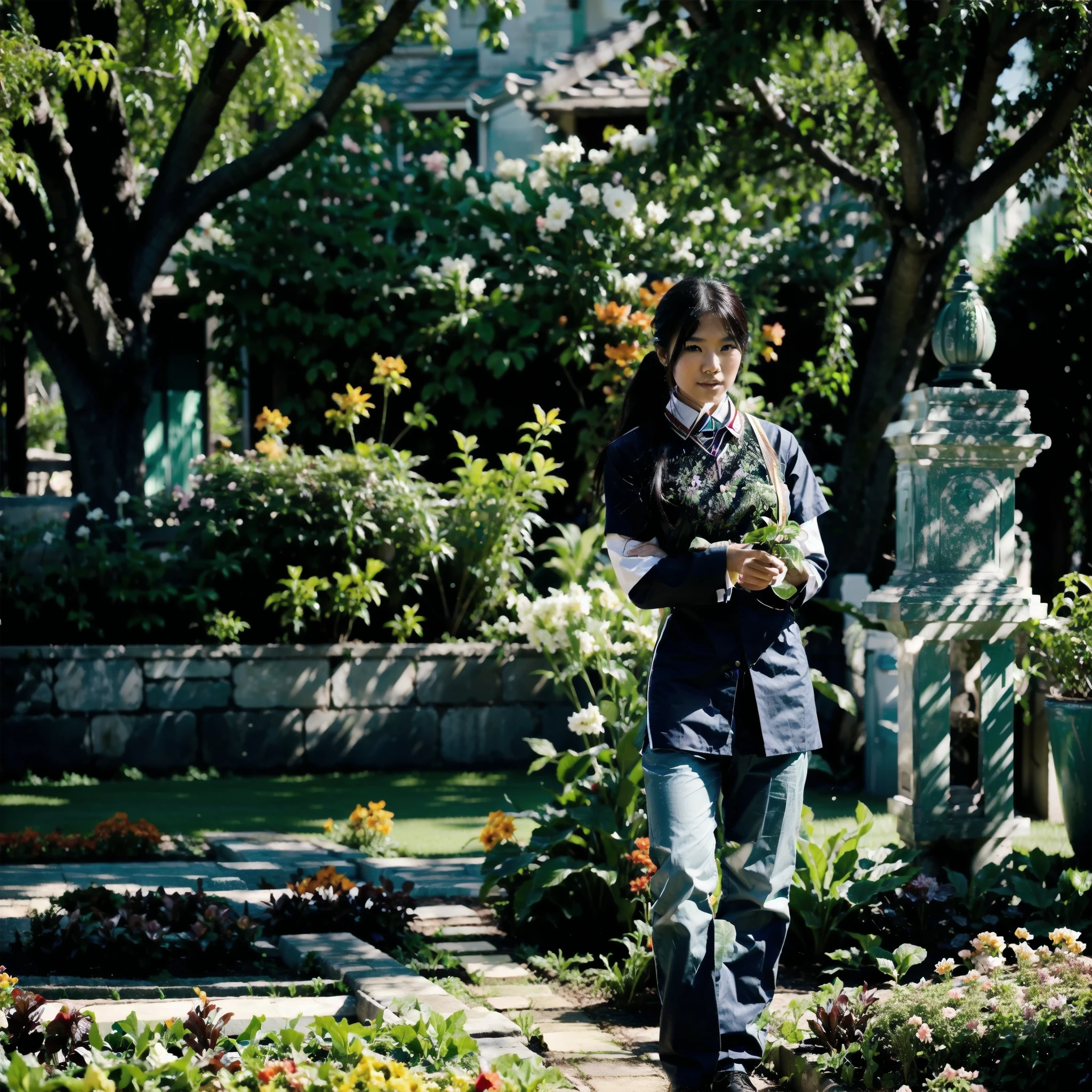 A beautiful asian skin and face, RAW photograph, 8k, hyper realistics, extreme details, gardening on the beautiful gardens, plants on the background, wearing a formal ((gardener uniform)), fullbody,
