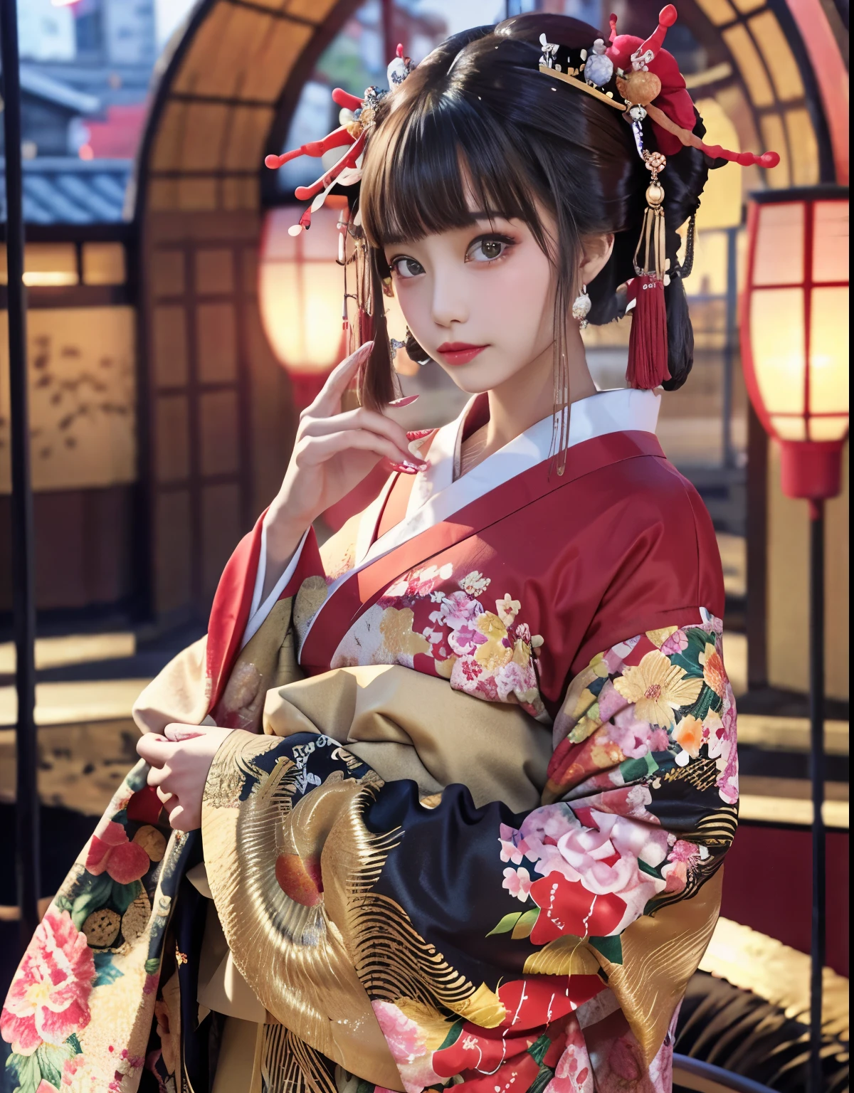 4k, masterpiece, High resolution, disorganized,Natural volumetric lighting and best shadows, 笑face,deep い is written in the depth of the world,soft delicate beautiful attractive face, beautiful edge courtesan_woman, a woman in a kimono posing for a picture  ,perfect edge courtesan_face,perfect edge courtesan_body,edgOiran_compensate,edgOiran_hairstyle