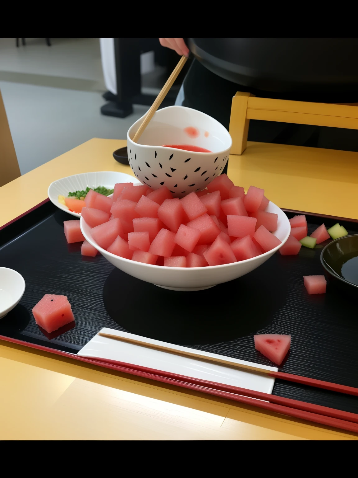 There is a bowl of food on the tray、Comes with chopsticks and colander, the material is!!! watermelon!!!, watermeloncore, watermelon, style of shuzo oshimi, Koji Morimoto Shinjuku, sougetsu, Written by Tom Wenerstrand, umamusume, Tanjiro Kamado, A History of Spring by He Dongxuan
