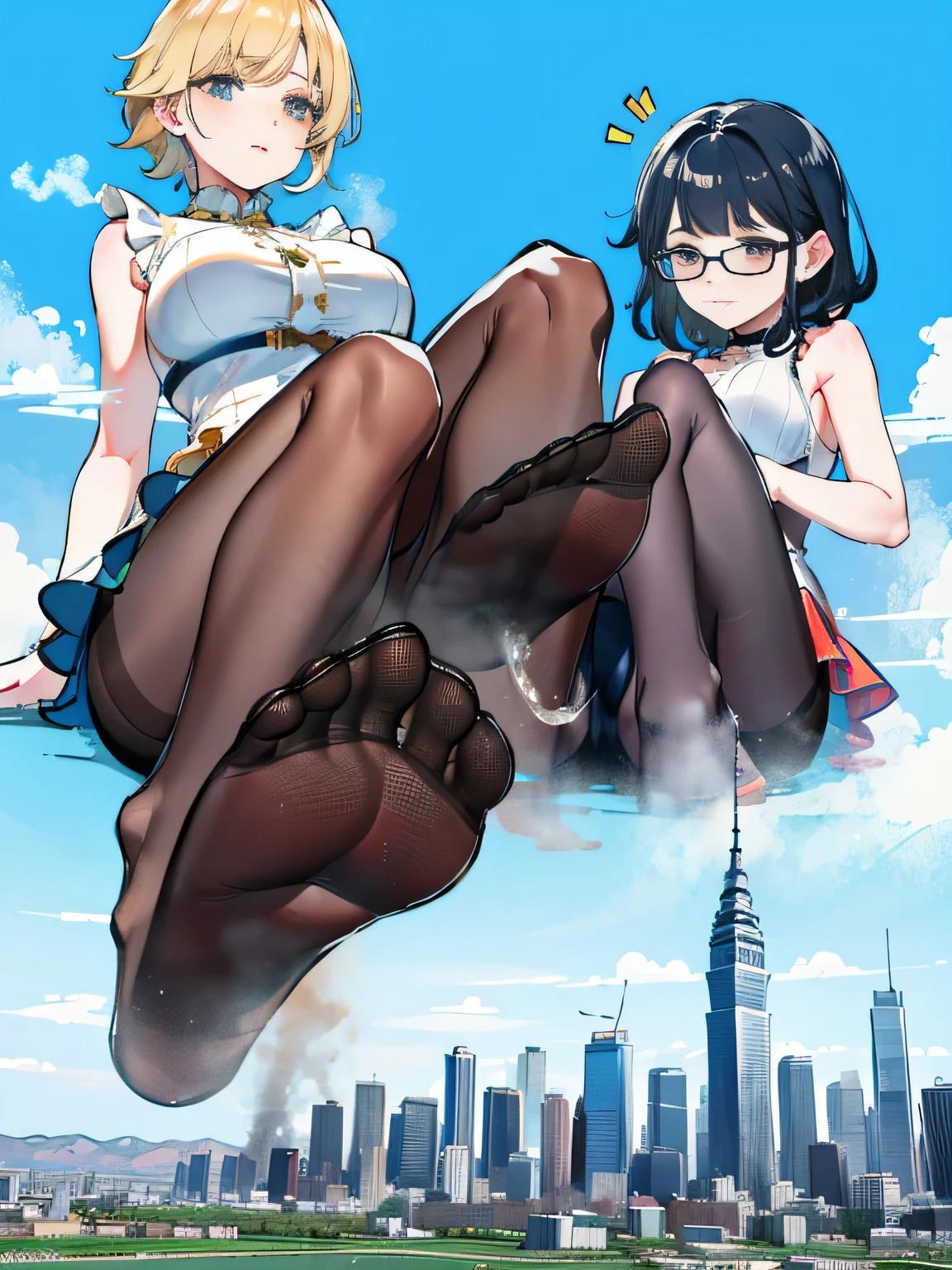 Giantの芸術, 非常に詳細なGiantショット, Giant, short hair, Two huge beautiful girls that are bigger than a skyscraper, look face to face, wearing rimless glasses, big breasts, big ass, In underwear, black pantyhose, pantyhose barefoot, Steam comes out from the soles of the feet, very small metropolis, miniature metropolis, crush the big city, full body description, GTS, ギガGiant, stomping city, crash city, small town, micro city, High resolution, highest quality, masterpiece, underwear,