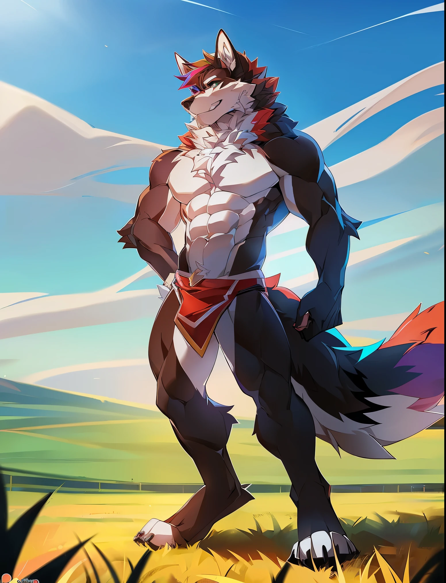 ((Solo)), male people, anthro wolf, (Multi-colored fur, White tail pointed), (Height 2.1 meters,Tail length 1.5m), Abs, pinginuscular, A long big tail, by patto, field