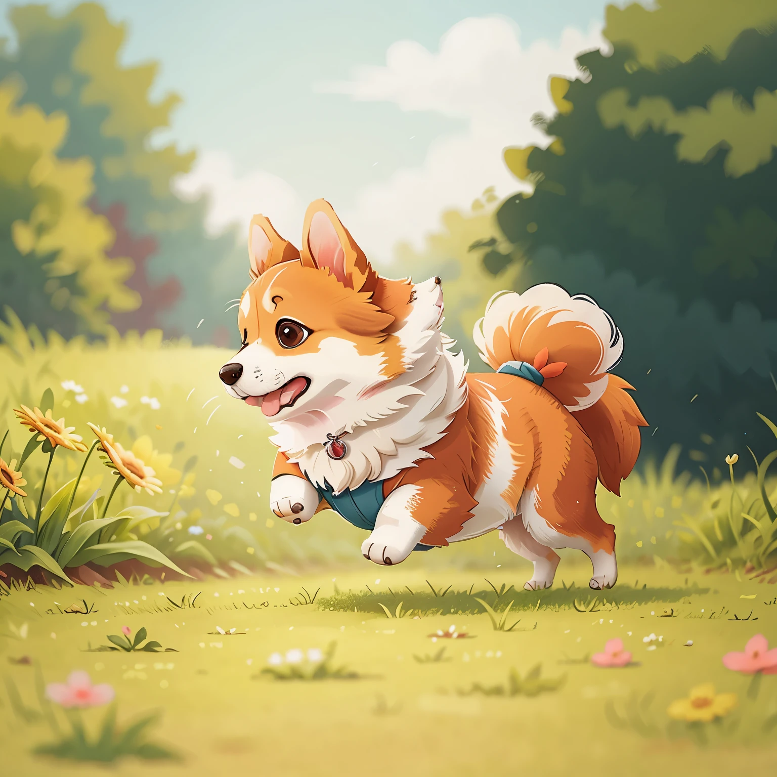 A cute corgi dog is running on the grass