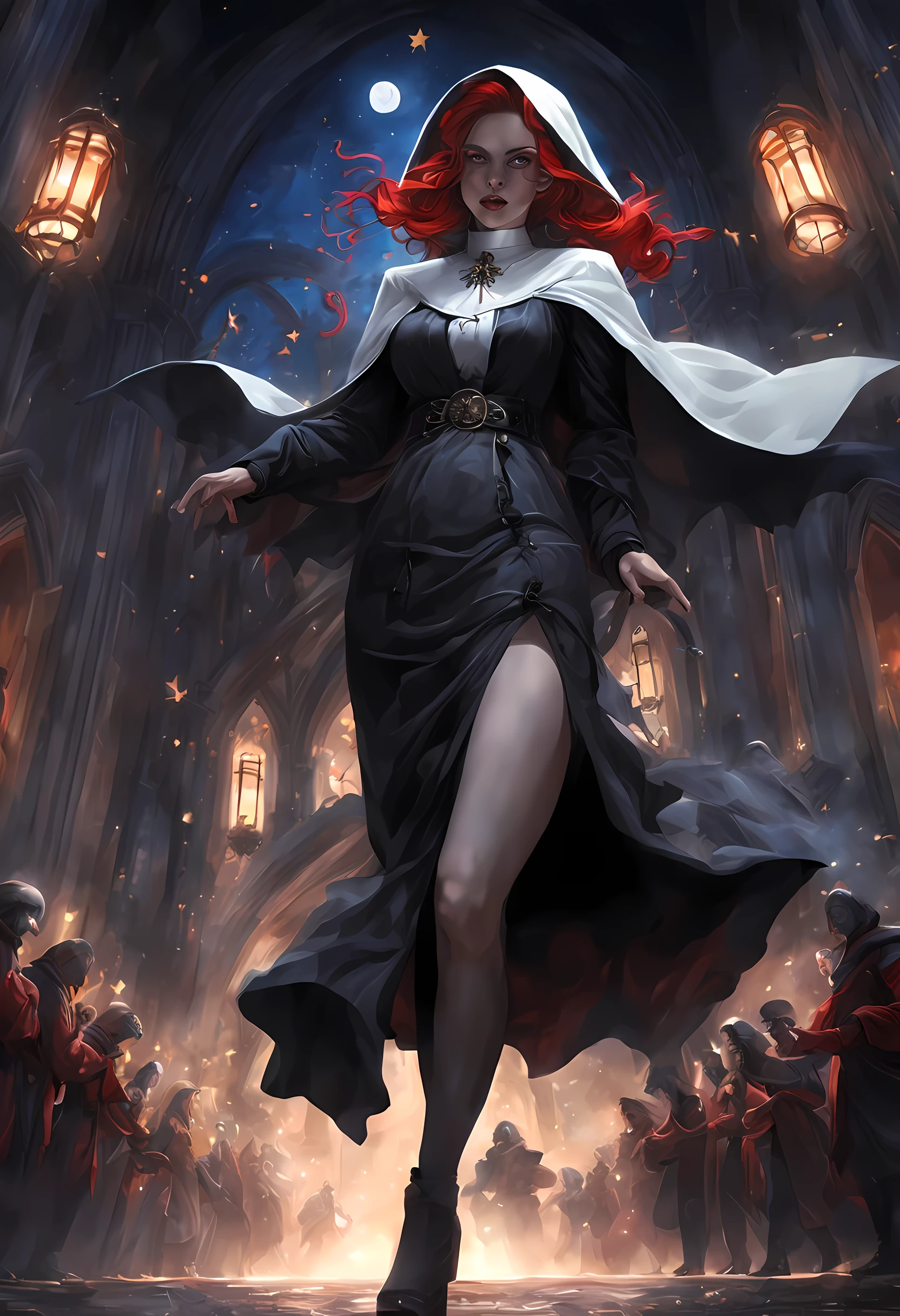 a picture of an exquisite beautiful female action shot (nun: 1.3) vampire standing under the starry night sky on the porch of her monastary, dynamic angle (ultra detailed, Masterpiece, best quality), ultra detailed face (ultra detailed, Masterpiece, best quality), ultra feminine, (pale skin: 1.3), red hair, wavy hair, dynamic eyes color, cold eyes, glowing eyes, intense eyes, dark red lips, [fangs], wearing white nun habit (ultra detailed, Masterpiece, best quality), wearing blue cloak (ultra detailed, Masterpiece, best quality), long cloak, flowing cloak (ultra detailed, Masterpiece, best quality), wearing high heeled boots, sky full of stars background, moon, bats flying about, action shot, high details, best quality, 16k, [ultra detailed], masterpiece, best quality, (ultra detailed), full body, ultra wide shot, photorealism, dark fantasy art, dark fantasy art, gothic art, many stars, dark fantasy art, gothic art, sense of dread, bloodmagic