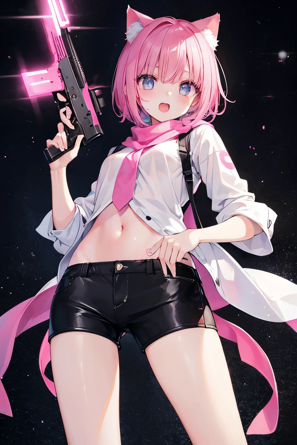 Very beautiful and shining eyes、shining eyes、1 girl、small breasts、big mouth、high school girl、small breasts、Cat ear、Transparent pink short hair、scarf、hot pants、Near future、neon、hold a gun、hand gun、assassin、pistol