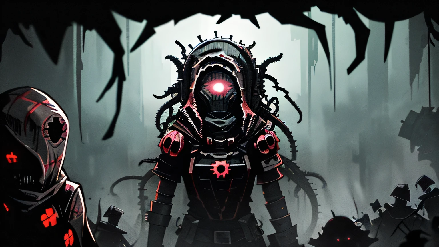 (((Darkest Dungeon game style))), ((Biopunk art of dark tentacles)), Biopunk girl, metal and wood, hopeless art, dark art, dystopian art, ((dark biopunk)), dark oily liquids, devastated environment, Gloomy landscapes, highly detailed art, very detailed background