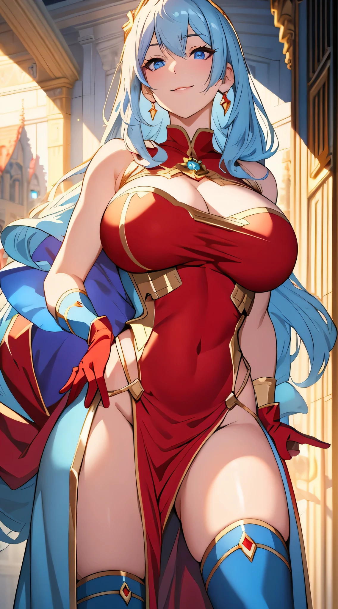 Lian, light blue hair, hair stick, bangs, blue eyes, solo, smiling, standing, upper body, hips, bare shoulders,purple thighhighs, red dress, gold jewelry,armor,gloves,circlet, cleavage, red and gold royal castle, gigantic breasts, (best quality, masterpiece, beautiful and aesthetic:1.2, highest detailed face, perfect face,) eyes, perfect face,expressive eyes,
looking at viewer, in the center of the image,(Upper_body),(Focus on her face),
official art,extremely detailed CG unity 8k wallpaper, perfect lighting,Colorful, Bright_Front_face_Lighting,shiny skin,
(masterpiece:1.0),(best_quality:1.0), ultra high res,4K,ultra-detailed