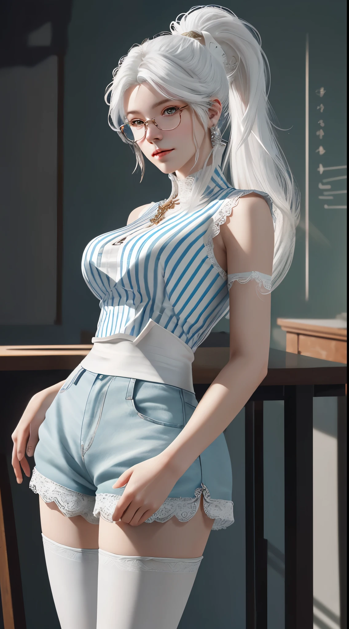 a white hair、Close-up of woman with dragon horns, beautiful figure painting, guweiz, Gurwitz style artwork, White-haired God, street, single ponytail, Side Mao Insult, high ponytail, tall figure, long legs, (sleeveless lace shirt), (shorts), (striped stockings)), ((striped )), walk, elegant, dignified, feminine, Beautiful curves, sweet smile, Strong sense of detail and layering, Rich and gorgeous colors, Has a unique texture, colorful, Color harmony, vivid, design art, 16k, super detailed, {{illustration}}, {extremely delicate and beautiful}, {Sophisticated finish}, Super detailed, Exquisite glowing eyes, {{movie lighting}}, Extreme light effects, Model: realism, CFG scale: 12, lola: Bright texture (1.35), high quality, masterpiece, Exquisite facial features, Delicate hair depiction, Delicate depiction of eyes, masterpiece, best quality, Ray tracing, Extremely detailed CG unified 8k wallpaper, masterpiece, best quality, (1 girl), perfect female figure, (((tight white t shirt))), beautiful eyes, (delicate face), short black hair, hair tied up, Light blue hairpins, black silk frame glasses, in the classroom, (White skin), (best lighting), (Super intricate details), 4K unified, (super detailed CG), Showing white legs, , hot pants, shorts,