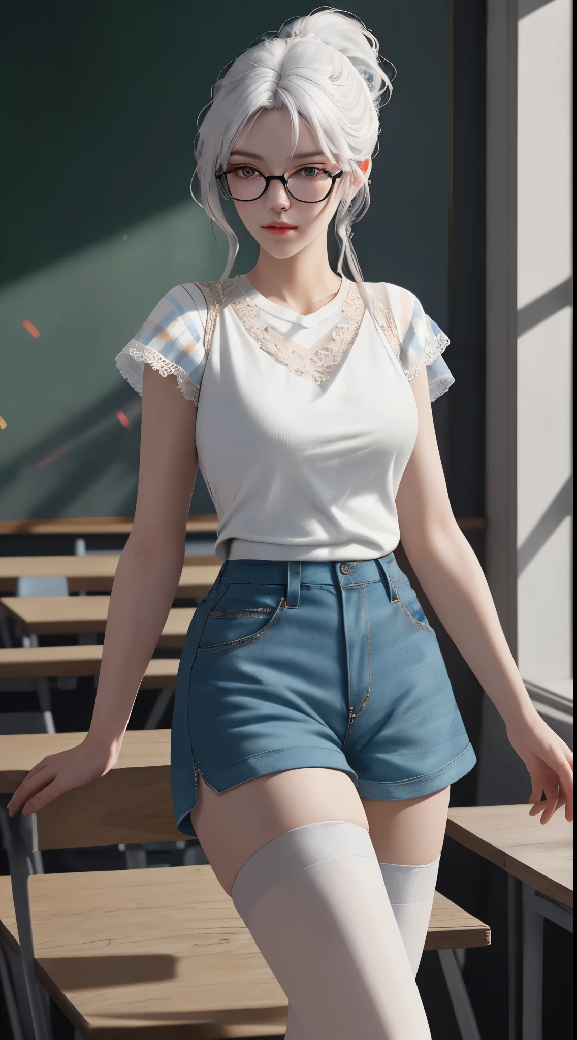 a white hair、Close-up of woman wearing white mask, beautiful figure painting, guweiz, guweiz style artwork, White-haired God, author:Yang Jie, Epic and beautiful character art, Stunning character art, author:Fan Qi, by Wuzhun Shifan, guweiz on pixiv artstation street, single ponytail, Side Mao Insult, high ponytail, tall figure, long legs, (sleeveless lace shirt), (shorts), (striped )), ((striped )), walk, elegant, dignified, feminine, Beautiful curves, sweet smile, Strong sense of detail and layering, Rich and gorgeous colors, Has a unique texture, colorful, Color harmony, vivid, design art, 16k, super detailed, {{illustration}}, {extremely delicate and beautiful}, {Sophisticated finish}, Super detailed, Exquisite glowing eyes, {{movie lighting}}, Extreme light effects, Model: realism, CFG scale: 12, lola: Bright texture (1.35), high quality, masterpiece, Exquisite facial features, Delicate hair depiction, Delicate depiction of eyes, masterpiece, best quality, Ray tracing, Extremely detailed CG unified 8k wallpaper, masterpiece, best quality, (1 girl), perfect female figure, (((tight white t shirt))), beautiful eyes, (delicate face), short black hair, hair tied up, Light blue hairpins, black silk frame glasses, in the classroom, (White skin), (best lighting), (Super intricate details), 4K unified, (super detailed CG), Showing white legs, , hot pants, shorts,