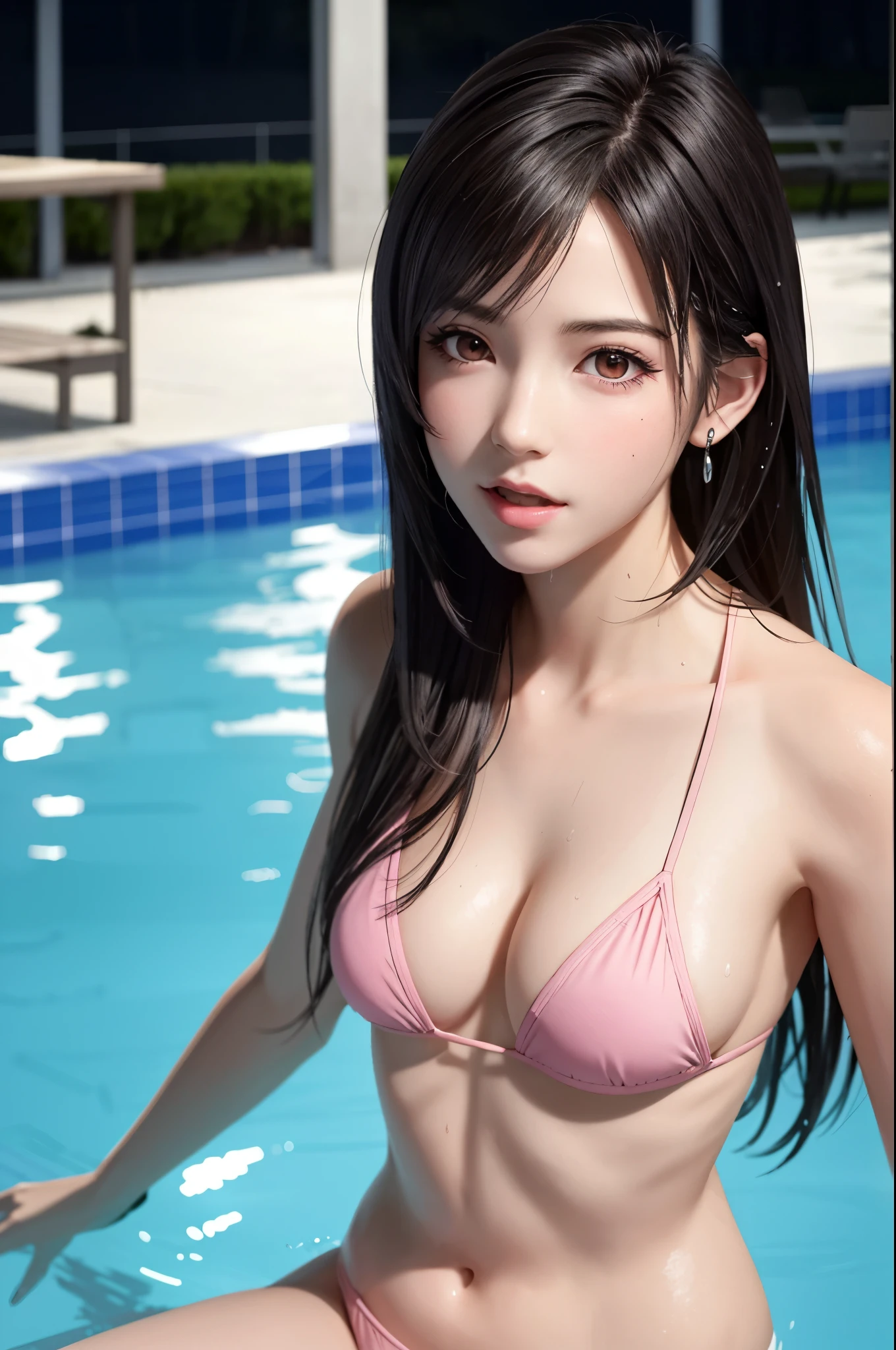 {top quality, masterpiece}, (Realistic: 1.3), wallpapers, BREAK {{{FF7,Tifa_lockhart,solo}}},{{{ ,sexy}}loating on water, lying, on back, Ultra-detailed face, Detailed eyes, Red eyes, BREAK (((FF7,Tifa_lockhart))),{black brown hair, Large breasts},,{{villa pool:1.5}},{{ pool, pool side, neon light, square shape, night, night pool}},{{{wearing a pink micro-bikini:1.9}}},{no bra, no panties, Small atiful hard nipple}, About 18 yearskawaii, {{{erotic eyes, erotic mouth, erace}}}, arous, {open mouth:(wet body:1.3) ,