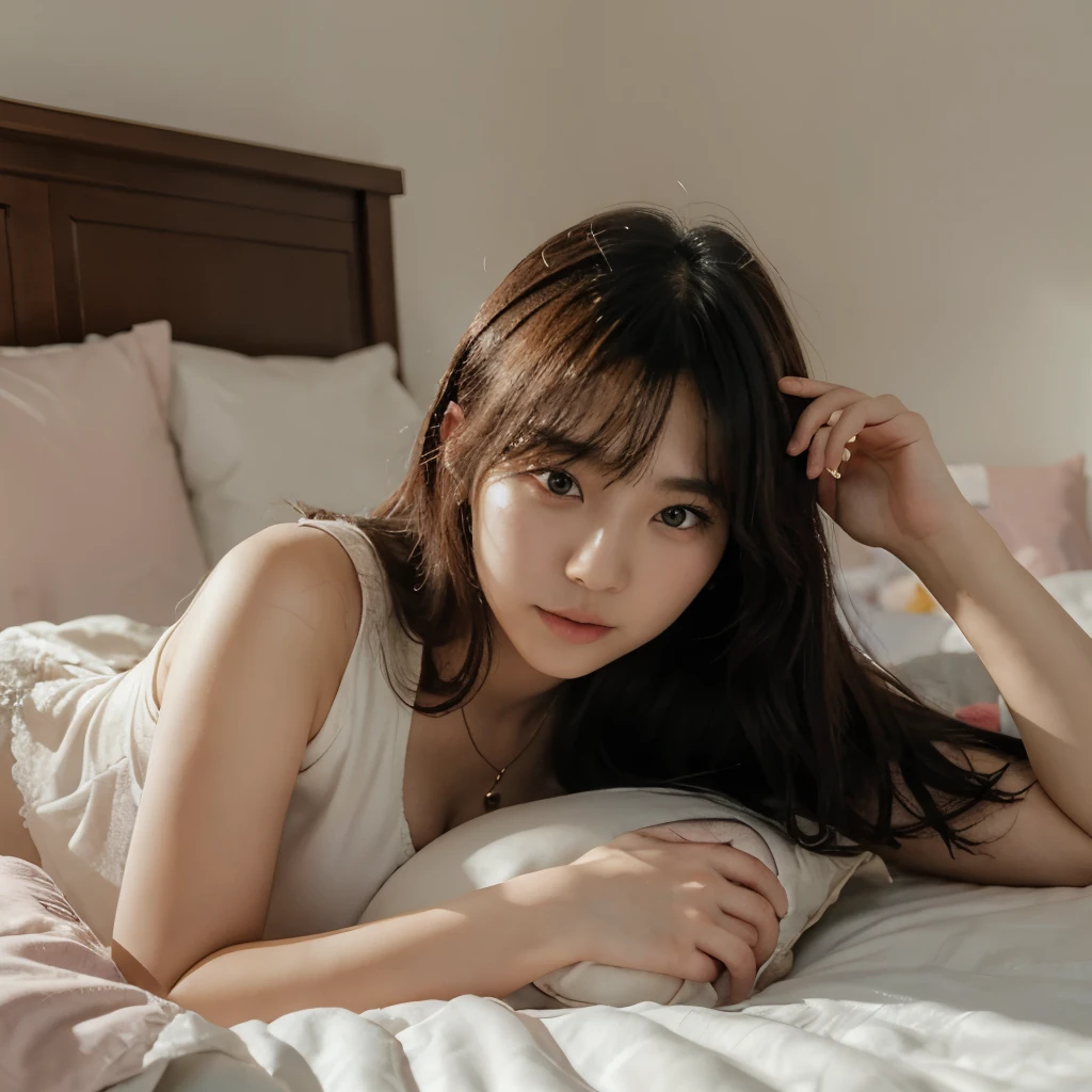 there is a woman laying on a bed with a pillow, korean girl, 2 7 years old, 2 2 years old, 2 8 years old, 18 years old, 2 3 years old, 21 years old, ulzzang, 19-year-old girl, 2 9 years old, beautiful south korean woman, sakimichan, chiho
