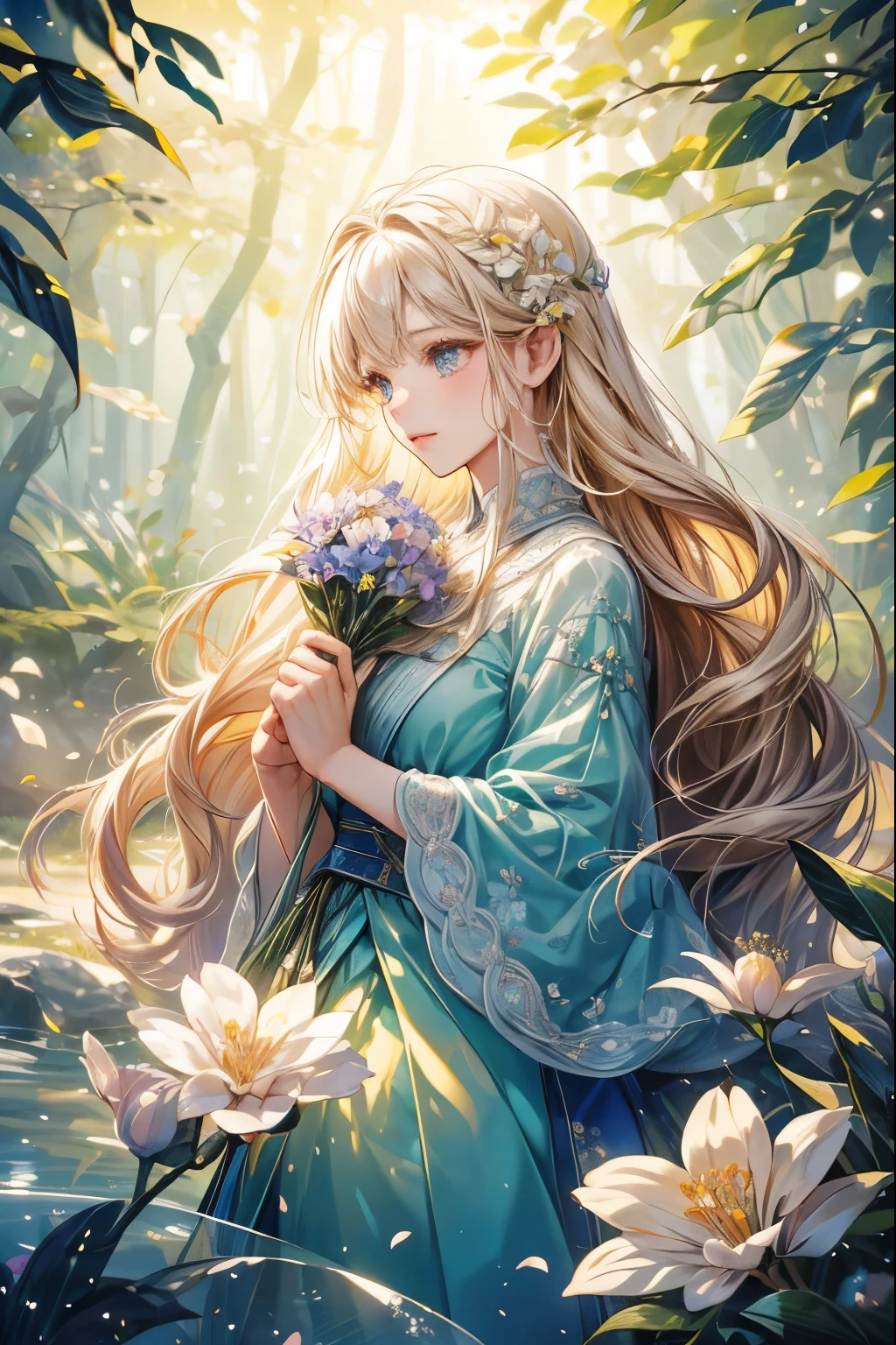 high quality, 8K Ultra HD, full color, etching gravure, Fine lines and shadows, In the heart of a floral wonderland, Look at the charming and ethereal beauty of the girl, Elegantly decorated with the essence of blooming flowers. Her long golden hair is flowing, like golden thread, pour down, Intertwined with delicate floral elements,Reflect the surrounding flowers. her eyes, The color of emerald in the deepest part of the forest, Shining with a hint of magic and mystery, Reflecting the beauty of the floral symphony around her. in her hands, In her hand she held a bouquet of the most exquisite flowers, Vibrant colors reflect her own radiant aura. With the clarity and detail of 8K Ultra HD images, each petal, Every shade, 她超凡脱俗的魅力的每一个表现都lifelike,lifelike,