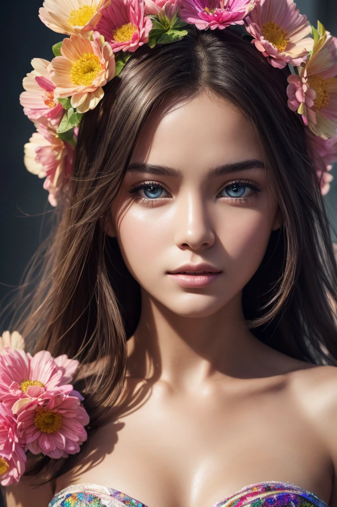 (masterpiece), (highest quality), (super detailed),(messy hair),(illustration), (1 male), Are standing, model, looking at the viewer, (interview), (detailed background),beautiful detailed eyes, gentle and beautiful face, floating,(high color saturation),(colorful splashes),colorful bubble,(shining), focus on the face, floating flowers, floating hair, (shining), better lighting, better shadow, There is only one evil