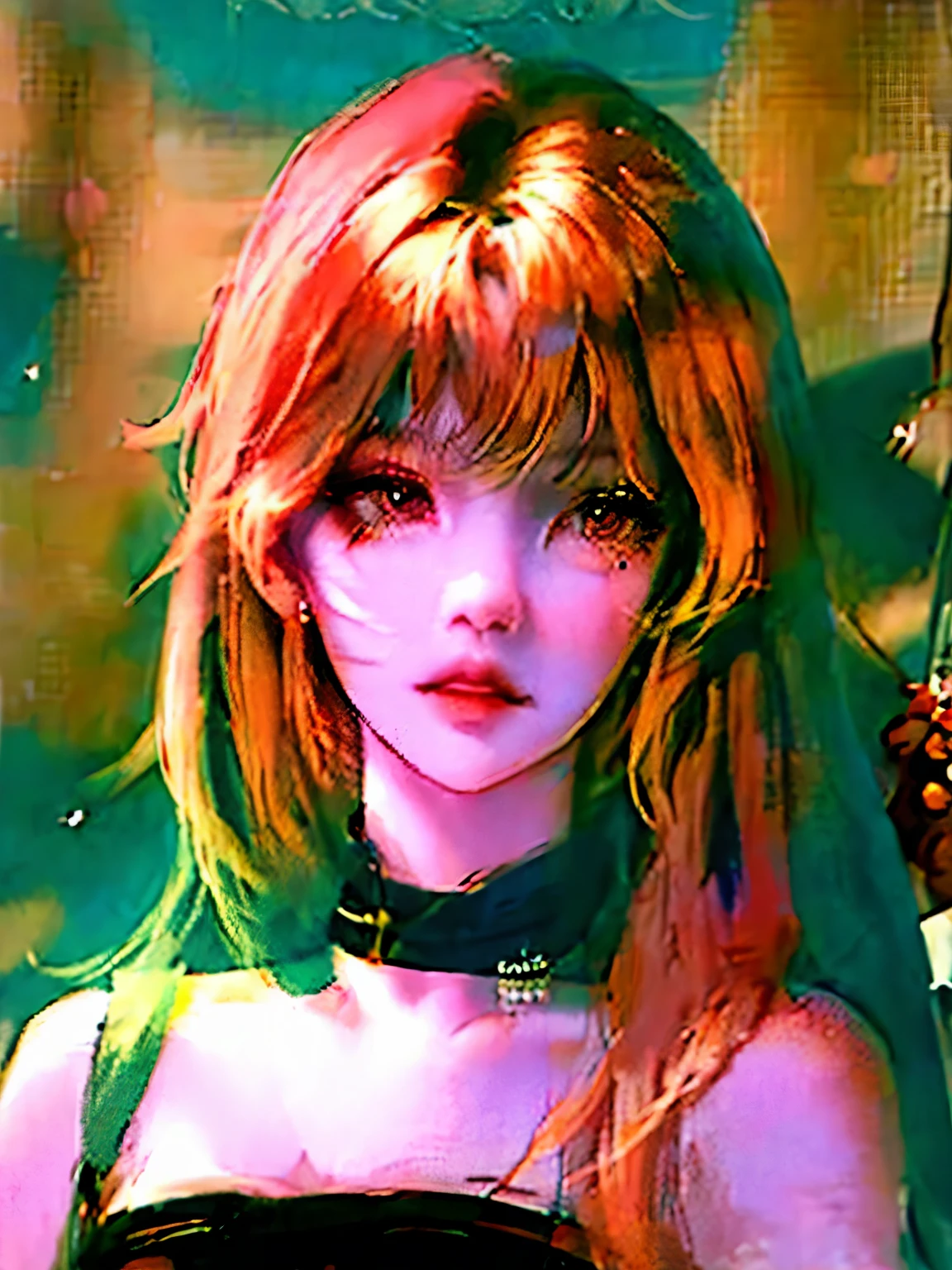 a cool girl with two tones hair, a strawberry blonde bangs and hush cut dark red hair. Small black eyes, pointed nose. make that girl look badass