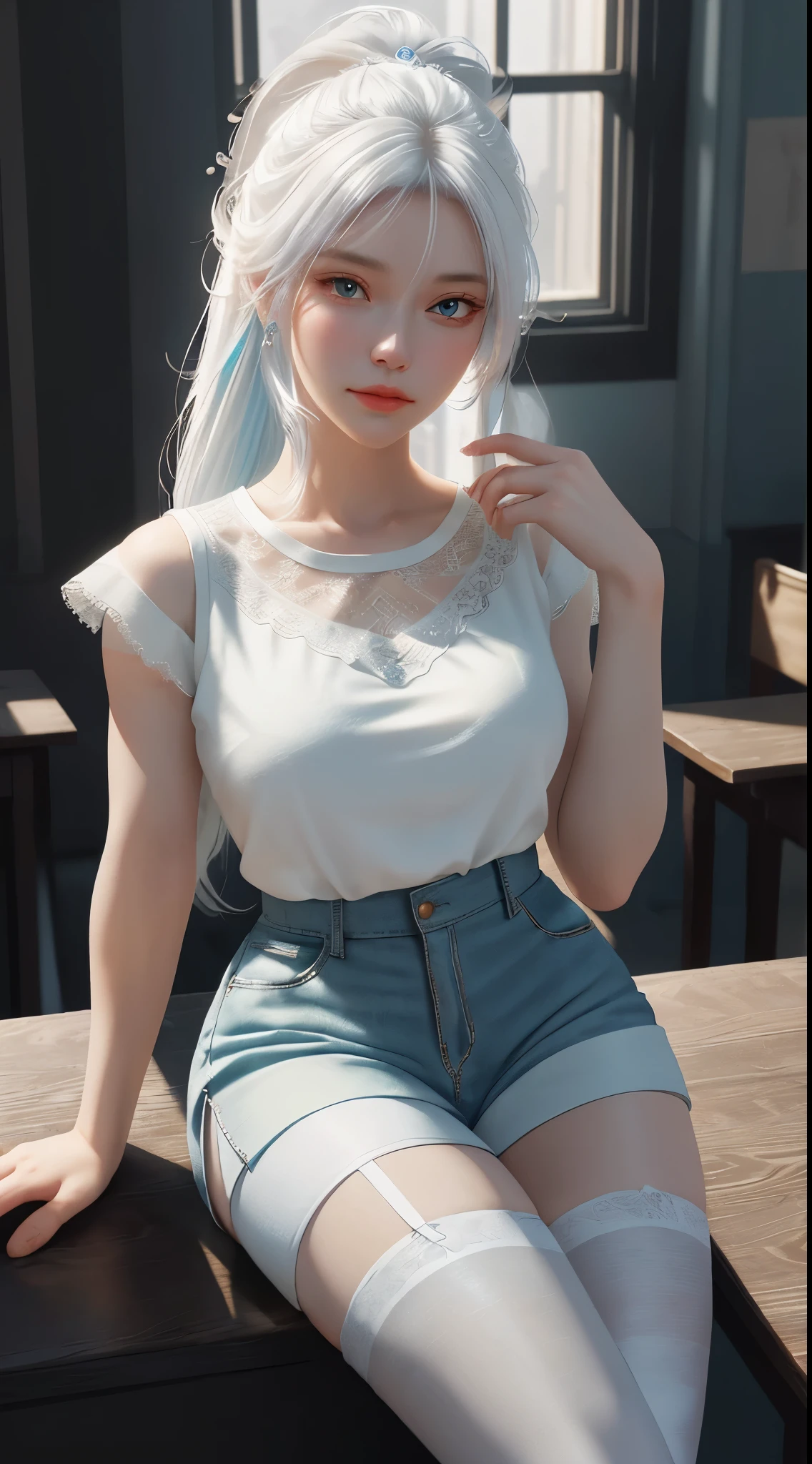 a white hair、Close-up of woman with dragon horns, beautiful figure painting, guweiz, Gurwitz style artwork, White-haired God, author：Yang Jie, Epic and beautiful character art, Stunning character art, author：Fan Qi, by Wuzhun Shifan, guweiz on pixiv artstation street, single ponytail, Side Mao Insult, high ponytail, tall figure, long legs, (sleeveless lace shirt), (shorts), (striped stockings)), ((striped )), walk, elegant, dignified, feminine, Beautiful curves, sweet smile, Strong sense of detail and layering, Rich and gorgeous colors, Has a unique texture, colorful, Color harmony, vivid, design art, 16k, super detailed, {{illustration}}, {extremely delicate and beautiful}, {Sophisticated finish}, Super detailed, Exquisite glowing eyes, {{movie lighting}}, Extreme light effects, Model: realism, CFG scale: 12, lola: Bright texture (1.35), high quality, masterpiece, Exquisite facial features, Delicate hair depiction, Delicate depiction of eyes, masterpiece, best quality, Ray tracing, Extremely detailed CG unified 8k wallpaper, masterpiece, best quality, (1 girl), perfect female figure, (((tight white t shirt))), beautiful eyes, (delicate face), short black hair, hair tied up, Light blue hairpins, black silk frame glasses, in the classroom, (White skin), (best lighting), (Super intricate details), 4K unified, (super detailed CG), Showing white legs, , hot pants, shorts,