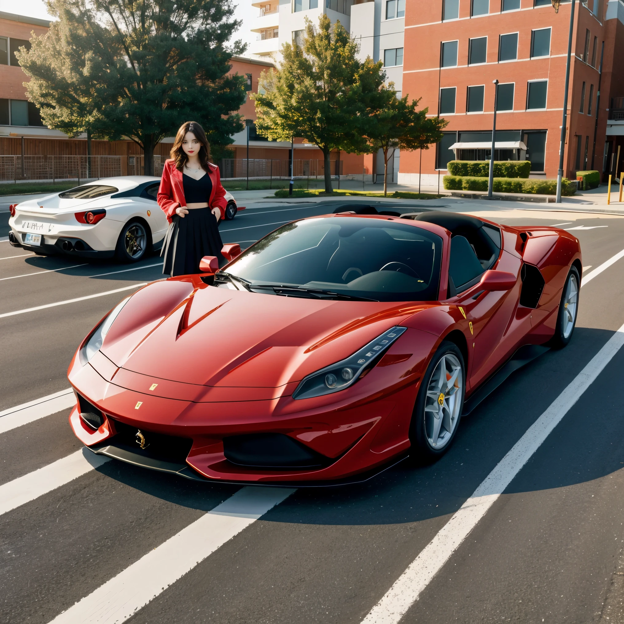 attractive woman, 1.Height 78m, fit the body, wearing a jacket and tight skirt, surreal, Red Ferrari next to the car 8K