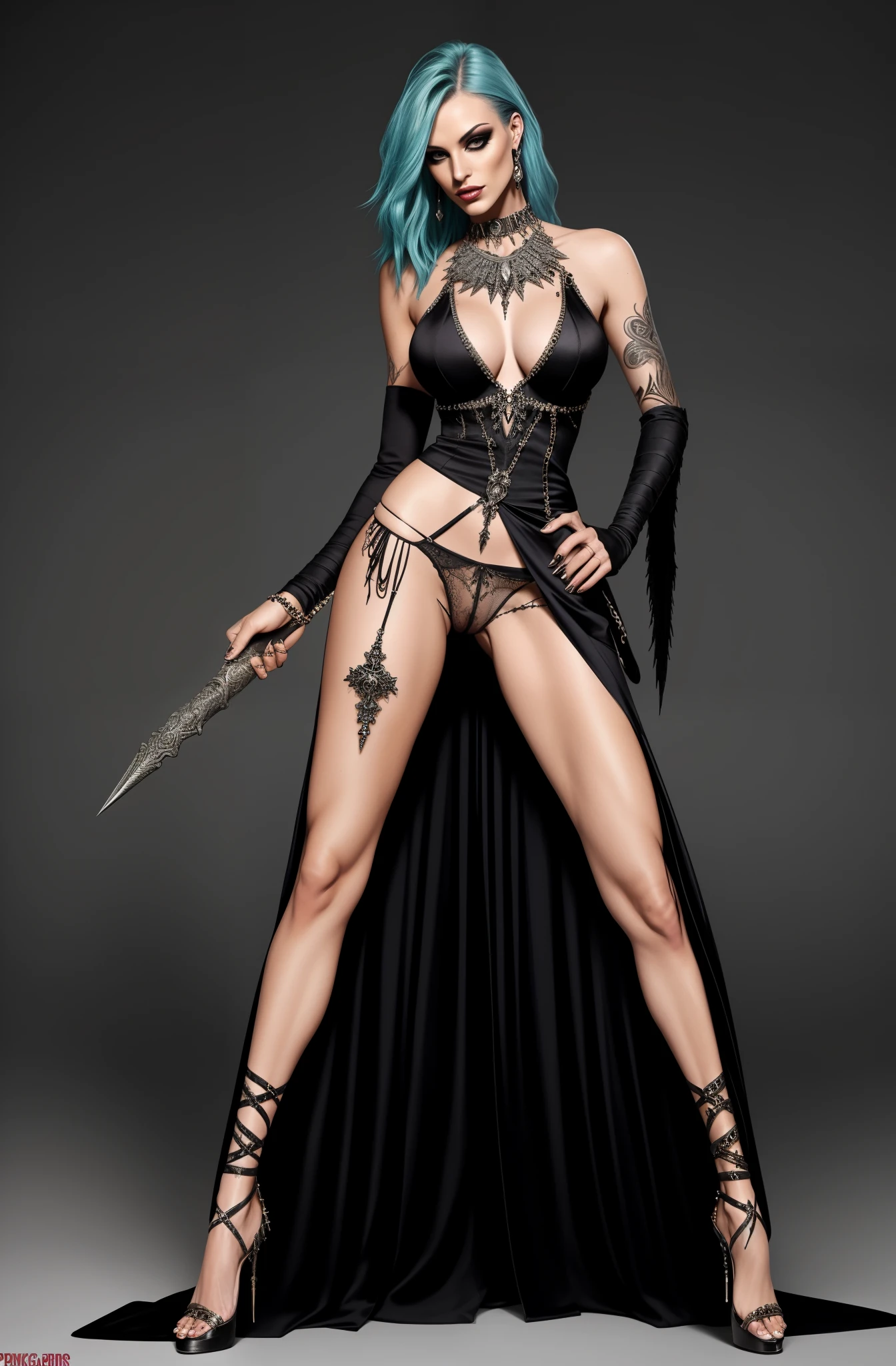 punk sorceress, long dress, leg slit, panty shot, panty slip, wardrobe malfunction, panties