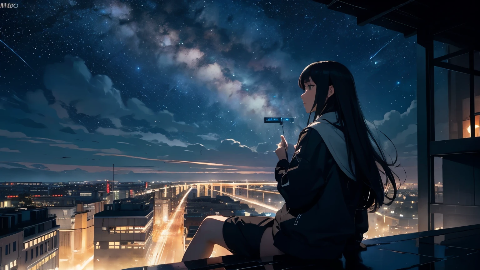 Masterpiece, top image quality, high resolution, 4K UHD,
Sitting,
Starry sky, night, one girl, night sky, solo, outdoors, building, clouds, milky way, sitting, tree, long hair, city, silhouette, cityscape,
With a signature touch.