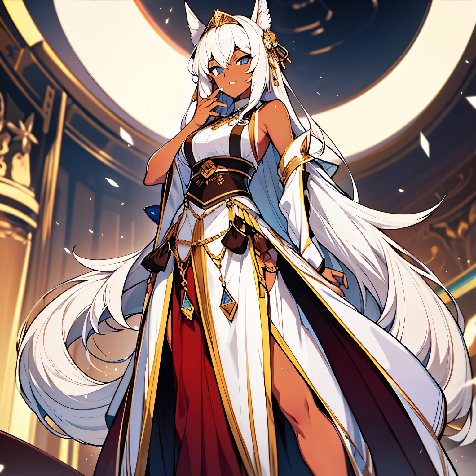 White hair, long hair, (tanned skin:1.3),tunic,wrap skirt,maxi skirt,tall woman,20s,
