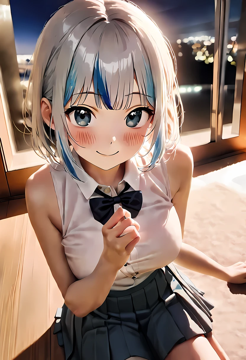 (8k, original photo, best quality, master:1.2), (actual, photo-actual:1.37), super detailed, 1 girl, charming, alone, beautiful detailed sky, Detailed face, night, sitting, Dating, (blush), (Smile: 1.1), (shut up), big breasts, beautiful and delicate eyes, unbuttoned, (collared shirt: 1.1), bow tie, pleated skirt, (short hair: 1.2), flowing hair, long eyelashes, eye shadow, small face, big eyes, full-body shot, bare shoulders, indoor, ground, huge beat/(Holographic live broadcast/)