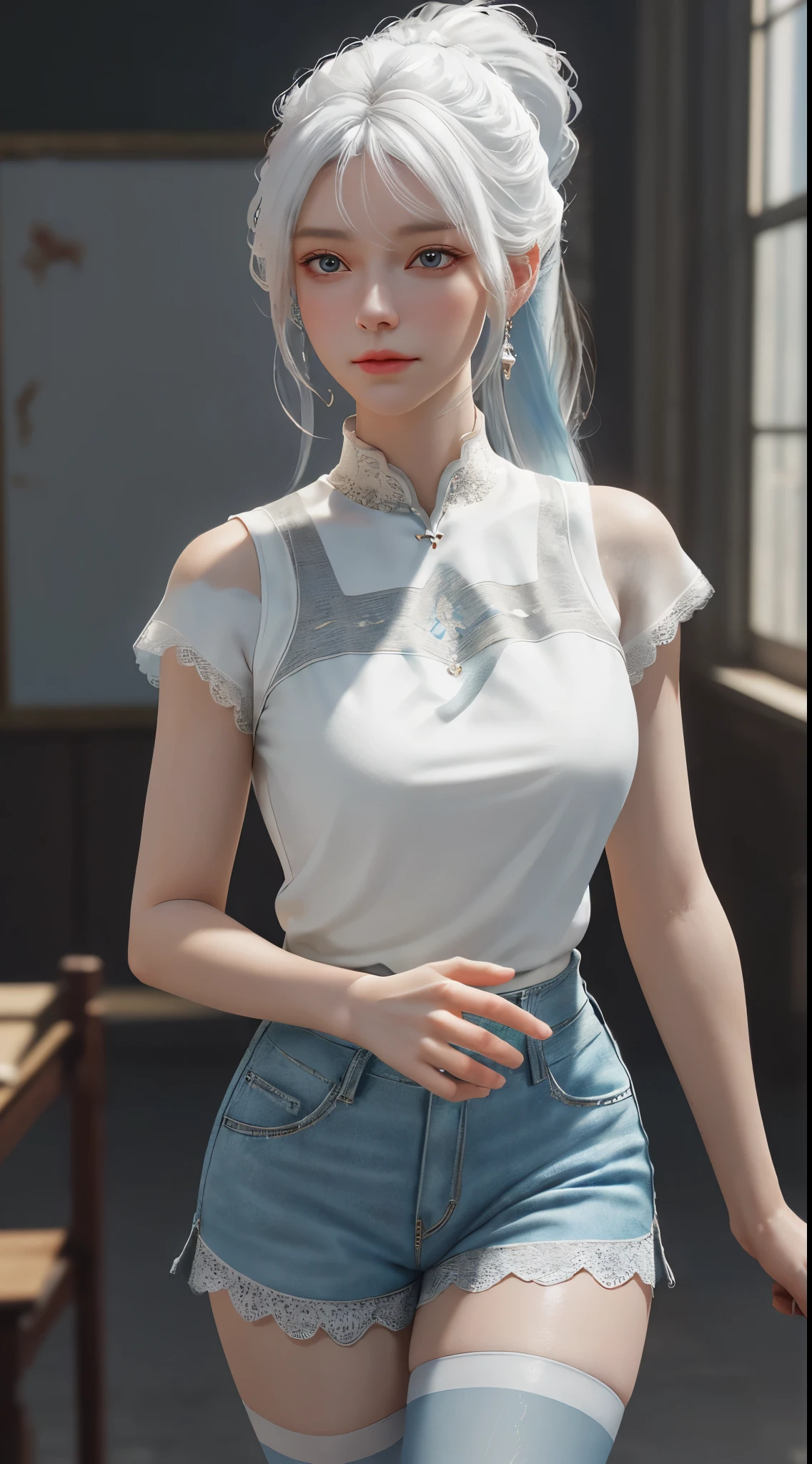 a white hair、Close-up of woman with dragon horns, beautiful figure painting, guweiz, Gurwitz style artwork, White-haired God, author：Yang Jie, Epic and beautiful character art, Stunning character art, author：Fan Qi, by Wuzhun Shifan, guweiz on pixiv artstation street, single ponytail, Side Mao Insult, high ponytail, tall figure, long legs, (sleeveless lace shirt), (shorts), (striped )), ((striped )), walk, elegant, dignified, feminine, Beautiful curves, sweet smile, Strong sense of detail and layering, Rich and gorgeous colors, Has a unique texture, colorful, Color harmony, vivid, design art, 16k, super detailed, {{illustration}}, {extremely delicate and beautiful}, {Sophisticated finish}, Super detailed, Exquisite glowing eyes, {{movie lighting}}, Extreme light effects, Model: realism, CFG scale: 12, lola: Bright texture (1.35), high quality, masterpiece, Exquisite facial features, Delicate hair depiction, Delicate depiction of eyes, masterpiece, best quality, Ray tracing, Extremely detailed CG unified 8k wallpaper, masterpiece, best quality, (1 girl), perfect female figure, (((tight white t shirt))), beautiful eyes, (delicate face), short black hair, hair tied up, Light blue hairpins, black silk frame glasses, in the classroom, (White skin), (best lighting), (Super intricate details), 4K unified, (super detailed CG), Showing white legs, , hot pants, shorts,