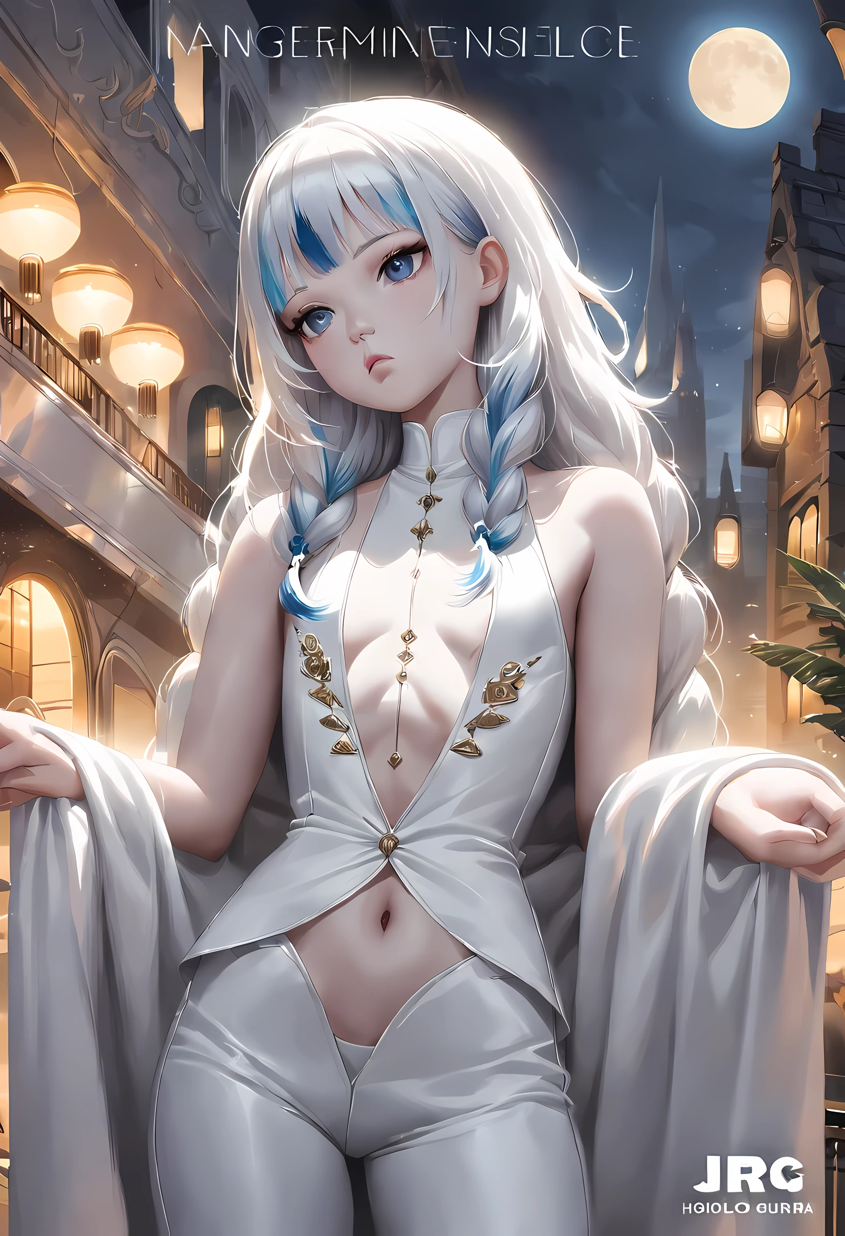 masterpiece, best quality, alone focus, (perfect face:1.1), (high detail:1.1),dramatic, 1 person, (pale skin), Long and thick white braids, white eyes, alone, long hair, moon, night, white luxury suit, White fedora, cover navel, Pouting, cover, jazz club, Detailed background, Artwork by Artgerm and Greg Rutkowski, gothic renaissance, Light,, huge beat/(Holographic live broadcast/)