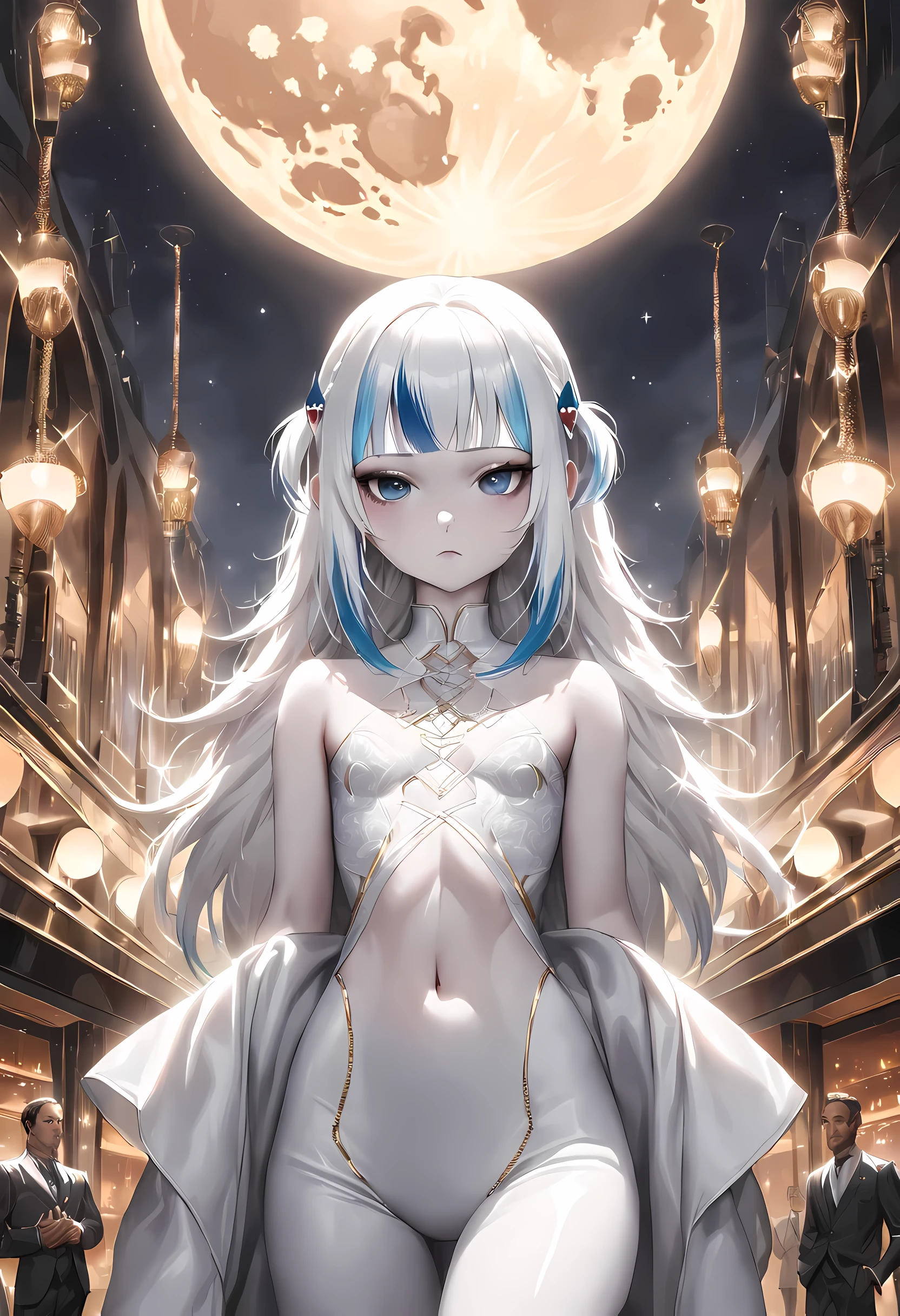 masterpiece, best quality, alone focus, (perfect face:1.1), (high detail:1.1),dramatic, 1 person, (pale skin), Long and thick white braids, white eyes, alone, long hair, moon, night, white luxury suit, White fedora, cover navel, Pouting, cover, jazz club, Detailed background, Artwork by Artgerm and Greg Rutkowski, gothic renaissance, Light,, huge beat/(Holographic live broadcast/)