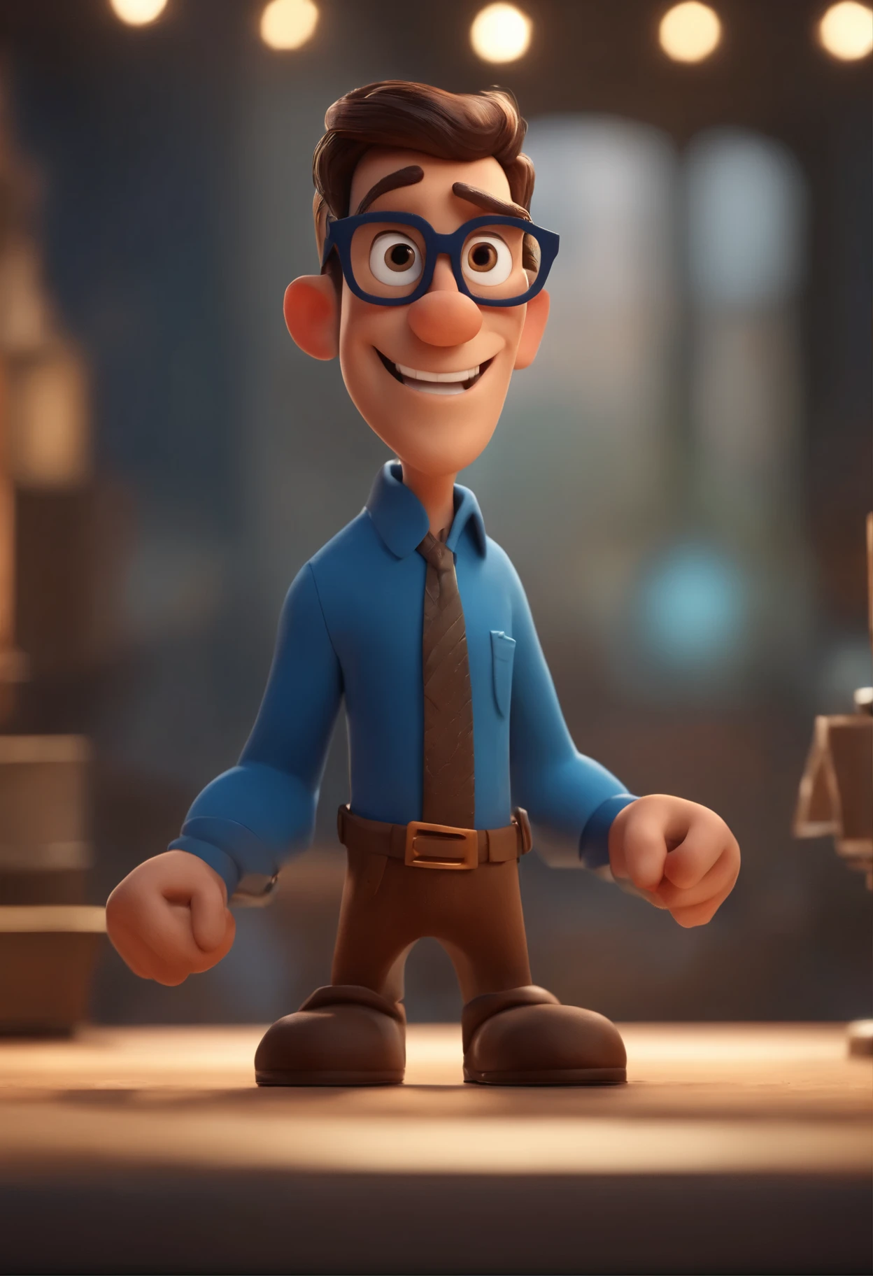 Cartoon character of a man with black glasses and a blue shirt, animation character, Caractere estilizado, animation style rendering, 3D estilizado, Arnold Maya render, 3 d render stylized, toon render keyshot, Personagem 3D, Personagem 3D, 3d rendering stylized, 3 d character render, personagem de desenho animado, Personagem de close up, Pose de personagem,  (Estilo Pixar) (master part:1.2) (Bokeh) (best quality) (pele detalhada) (textura detalhada) (8k) (argila) (Cinematic lighting) (sharp focus