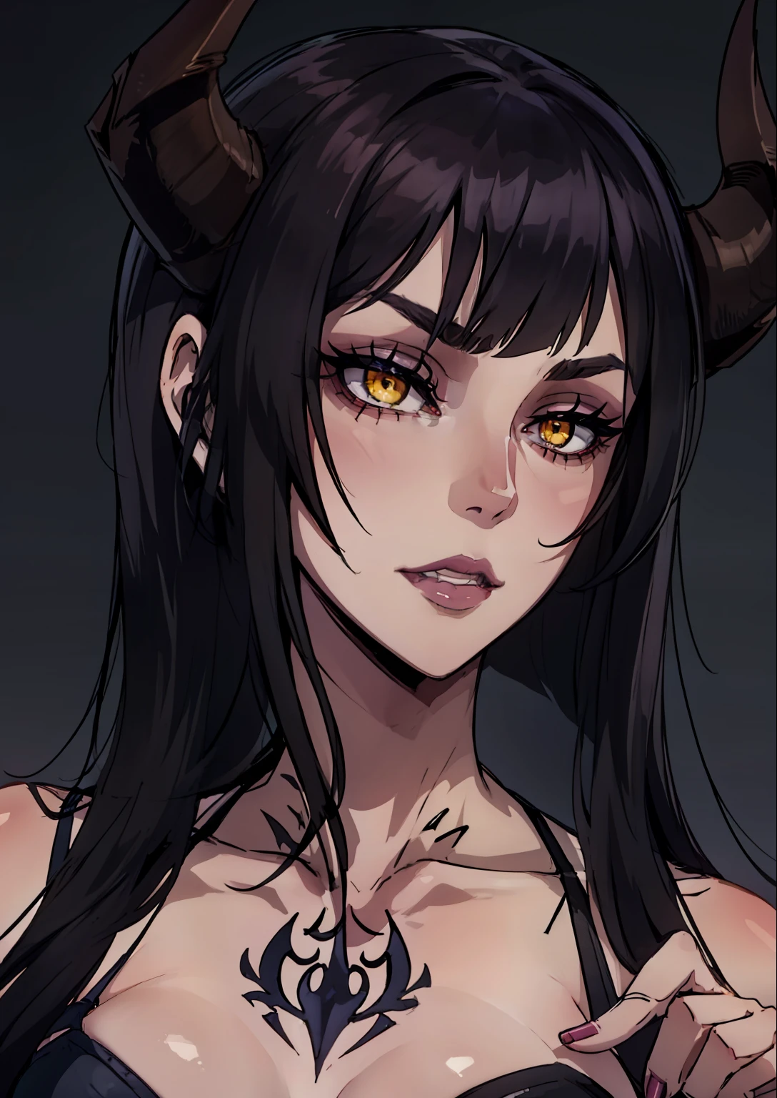 masterpiece, best quality, Eliza, vampire, face portrait, beautiful, horns, yellow eyes