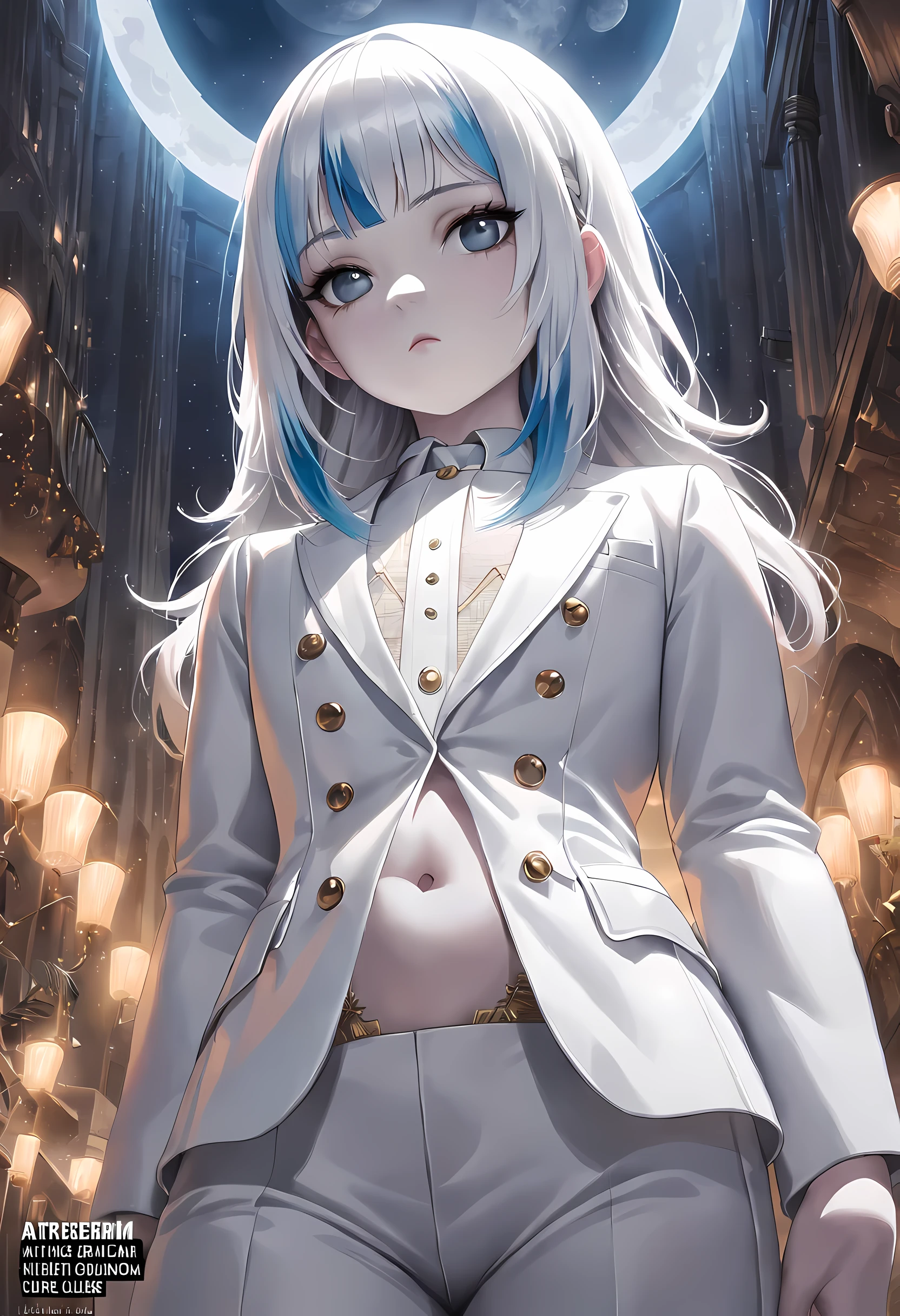 masterpiece, best quality, alone focus, (perfect face:1.1), (high detail:1.1),dramatic, 1 person, (pale skin), Long and thick white braids, white eyes, alone, long hair, moon, night, white luxury suit, White fedora, cover navel, Pouting, cover, jazz club, Detailed background, Artwork by Artgerm and Greg Rutkowski, gothic renaissance, Light,, huge beat/(Holographic live broadcast/)