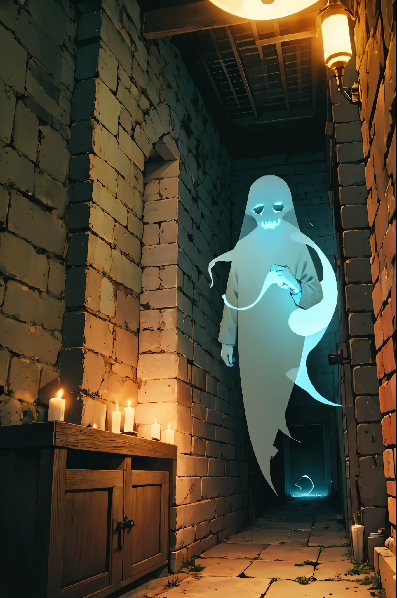 Ghost of a man, cellar, walls, torches