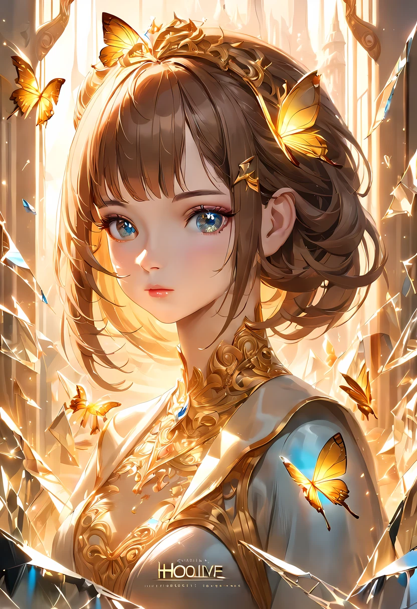 8k portrait of beautiful cyborg with brown hair, intricate, elegant, highly detailed, majestic, digital photography, art by artgerm and ruan jia and greg rutkowski surreal painting gold butterfly filigree, broken glass, (masterpiece, sidelighting, finely detailed beautiful eyes: 1.2), hdr, Prompt yoinked from Dreamshaper 6, please support Lykon <3