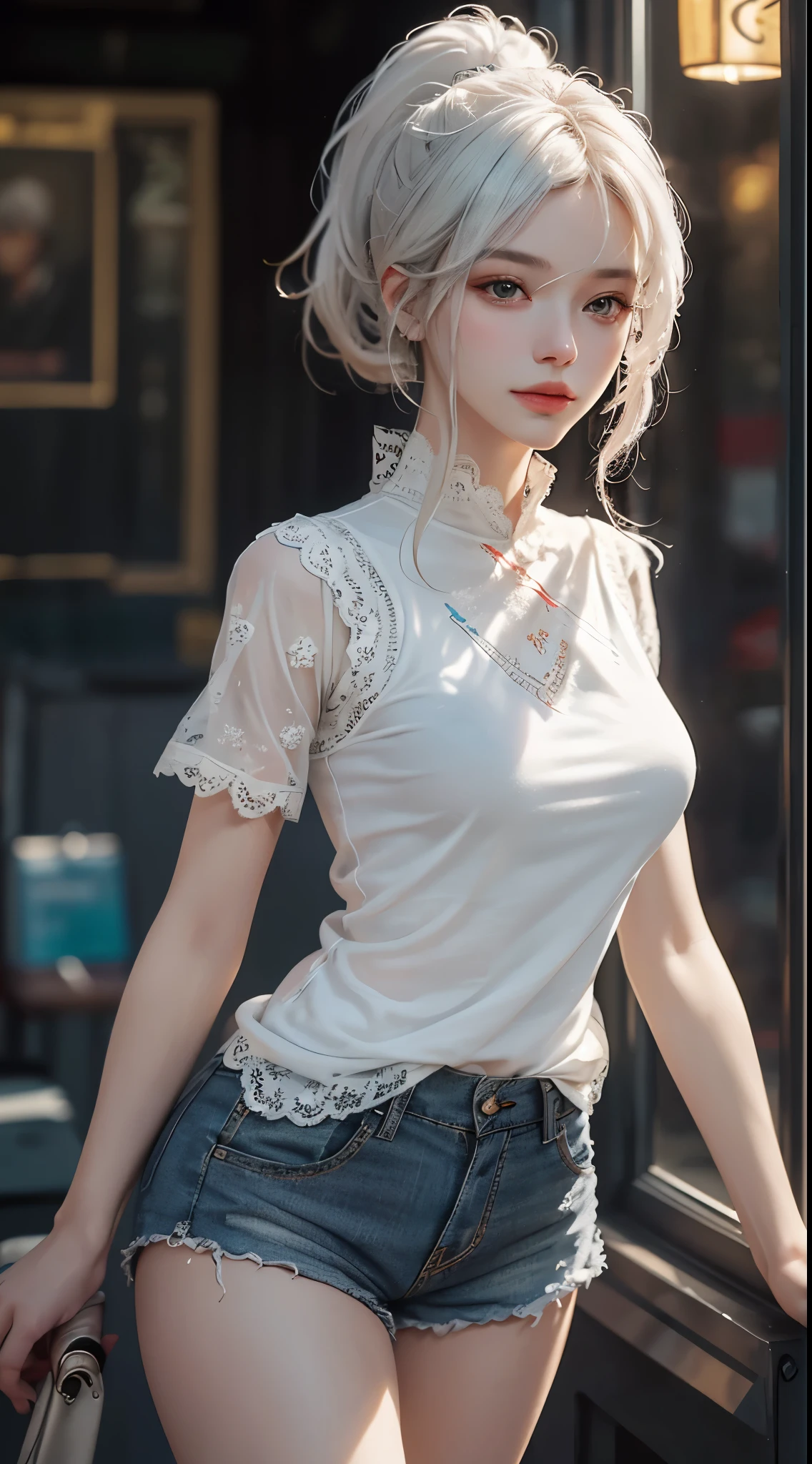 a white hair、Close-up of woman with dragon horns, beautiful figure painting, guweiz, Gurwitz style artwork, White-haired God, author：Yang Jie, Epic and beautiful character art, Stunning character art, author：Fan Qi, by Wuzhun Shifan, guweiz on pixiv artstation street, single ponytail, Side Mao Insult, high ponytail, tall figure, long legs, (sleeveless lace shirt), (shorts), (striped )), ((striped )), walk, elegant, dignified, feminine, Beautiful curves, sweet smile, Strong sense of detail and layering, Rich and gorgeous colors, Has a unique texture, colorful, Color harmony, vivid, design art, 16k, super detailed, {{illustration}}, {extremely delicate and beautiful}, {Sophisticated finish}, Super detailed, Exquisite glowing eyes, {{movie lighting}}, Extreme light effects, Model: realism, CFG scale: 12, lola: Bright texture (1.35), high quality, masterpiece, Exquisite facial features, Delicate hair depiction, Delicate depiction of eyes, masterpiece, best quality, Ray tracing, Extremely detailed CG unified 8k wallpaper, masterpiece, best quality, (1 girl), perfect female figure, (((tight white t shirt))), beautiful eyes, (delicate face), short black hair, hair tied up, Light blue hairpins, black silk frame glasses, in the classroom, (White skin), (best lighting), (Super intricate details), 4K unified, (super detailed CG), Showing white legs, , hot pants, shorts,