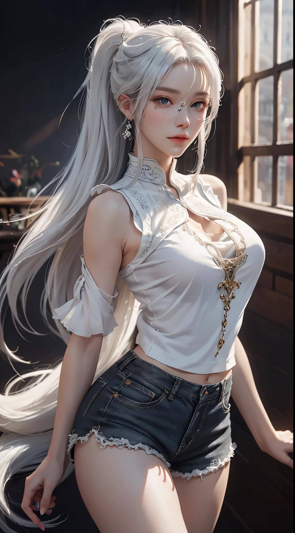 Close-up of a woman with white hair and white mask, beautiful figure painting, Guviz, Guvitz style artwork, white-haired god, Yang J, epic fine character art, amazing character art, Fan Qi, Wu Zhun Shifan, Gu Vitz in pixiv art station, close-up of a white haired woman, beautiful figure painting, Gu Viz, Gu Vitz style artwork, White Hair God, Yang J, epic fine character art, amazing character art, Fan Qi, Wu Zhun Shifan, Guvitz at pixiv art station, perfect female body, (((tight white T-shirt))), beautiful eyes, (delicate face), short black hair, hair tied up, light blue hairpin, black silk border glasses, (fair skin), (best lighting), (super complex details), 4K unity, (super detailed CG), showing fair legs, stockings, hot pants, shorts,