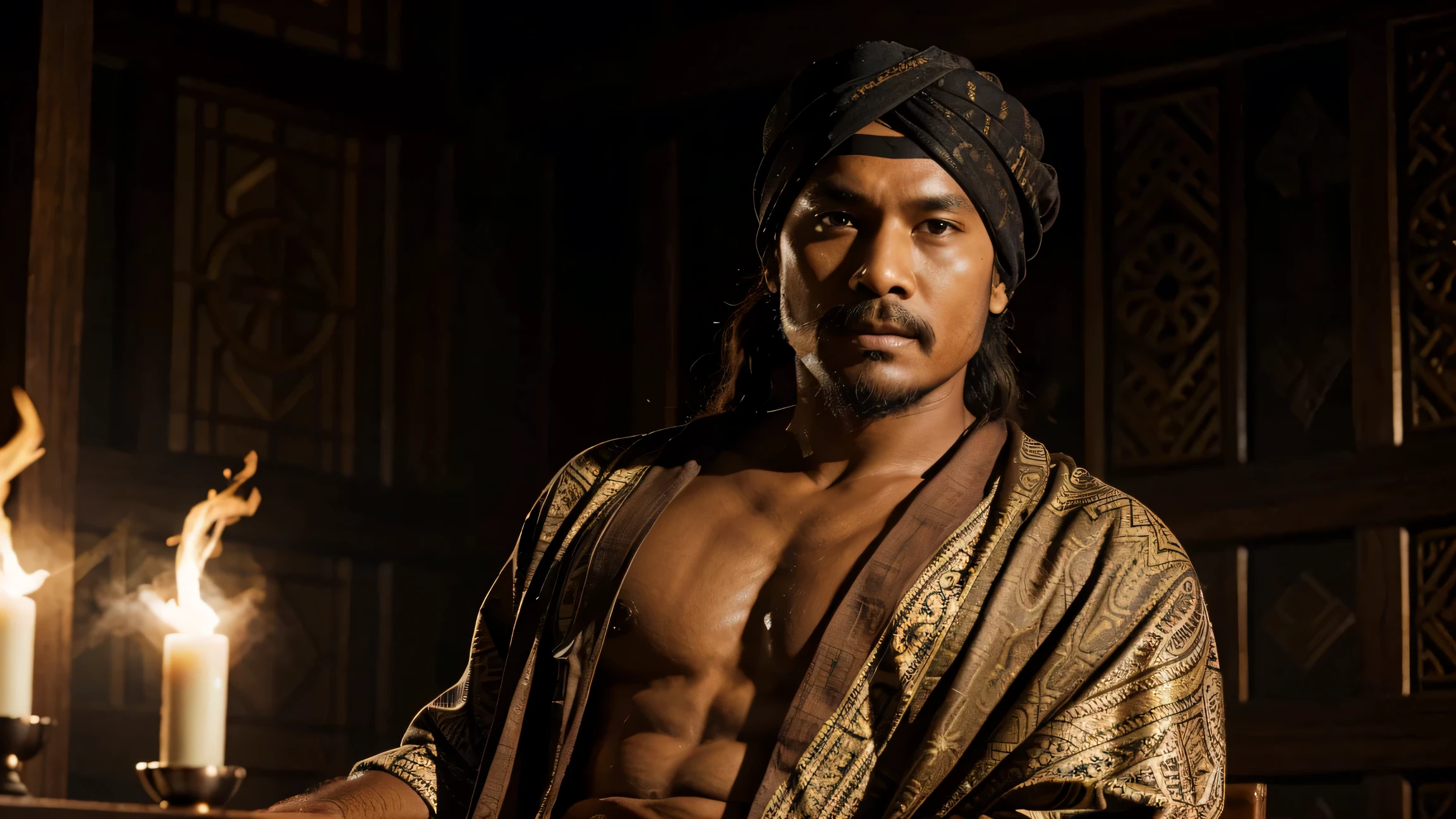 A Movie still in the theme 300, featuring a 40 year old king was sitting on the throne and discussing with his warlords in a wooden room at night. The king has a thin, athletic body, a clean Indonesian face, brown skin, a short mustache, wearing a patterned sarong and robe and wearing a long scarf around his neck, wearing a small black turban. The warlord has a thin, athletic body, a clean Indonesian face, brown skin, a short mustache, long wavy hair tied in a bun, wearing a patterned sarong and robe, with a smoke effect, God rays lighting