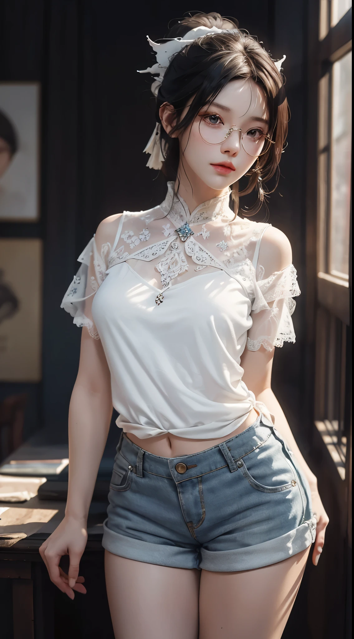a white hair、Close-up of woman with dragon horns, beautiful figure painting, guweiz, Gurwitz style artwork, White-haired God, author:Yang Jie, Epic and beautiful character art, Stunning character art, author:Fan Qi, by Wuzhun Shifan, guweiz on pixiv artstation street, single ponytail, Side Mao Insult, high ponytail, tall figure, long legs, (sleeveless lace shirt), (shorts), (striped )), ((striped )), walk, elegant, dignified, feminine, Beautiful curves, sweet smile, Strong sense of detail and layering, Rich and gorgeous colors, Has a unique texture, colorful, Color harmony, vivid, design art, 16k, super detailed, {{illustration}}, {extremely delicate and beautiful}, {Sophisticated finish}, Super detailed, Exquisite glowing eyes, {{movie lighting}}, Extreme light effects, Model: realism, CFG scale: 12, lola: Bright texture (1.35), high quality, masterpiece, Exquisite facial features, Delicate hair depiction, Delicate depiction of eyes, masterpiece, best quality, Ray tracing, Extremely detailed CG unified 8k wallpaper, masterpiece, best quality, (1 girl), perfect female figure, (((tight white t shirt))), beautiful eyes, (delicate face), short black hair, hair tied up, Light blue hairpins, black silk frame glasses, in the classroom, (White skin), (best lighting), (Super intricate details), 4K unified, (super detailed CG), Showing white legs, , hot pants, shorts,