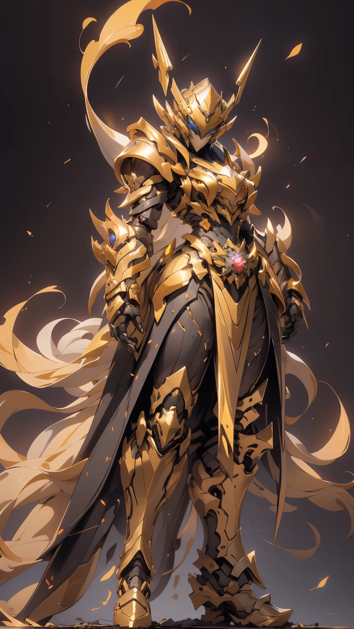 A woman adorned in fantasy-style full-body armor, a crown-concept fully enclosed helmet that unveils only her eyes, a composite layered chest plate, fully encompassing shoulder and hand guards, a lightweight waist armor, form-fitting shin guards, the overall design is heavy-duty yet flexible, ((the armor gleams with a golden glow, complemented by red and blue accents)), exhibiting a noble aura, she floats above a fantasy-surreal high-tech city, this character embodies a finely crafted fantasy-surreal style armored hero in anime style, exquisite and mature manga art style, (Queen bee mixed with Spider concept Armor, plasma, blood), ((Element, energy, elegant, goddess, femminine:1.5)), metallic, high definition, best quality, highres, ultra-detailed, ultra-fine painting, extremely delicate, professional, anatomically correct, symmetrical face, extremely detailed eyes and face, high quality eyes, creativity, RAW photo, UHD, 32k, Natural light, cinematic lighting, masterpiece-anatomy-perfect, masterpiece:1.5