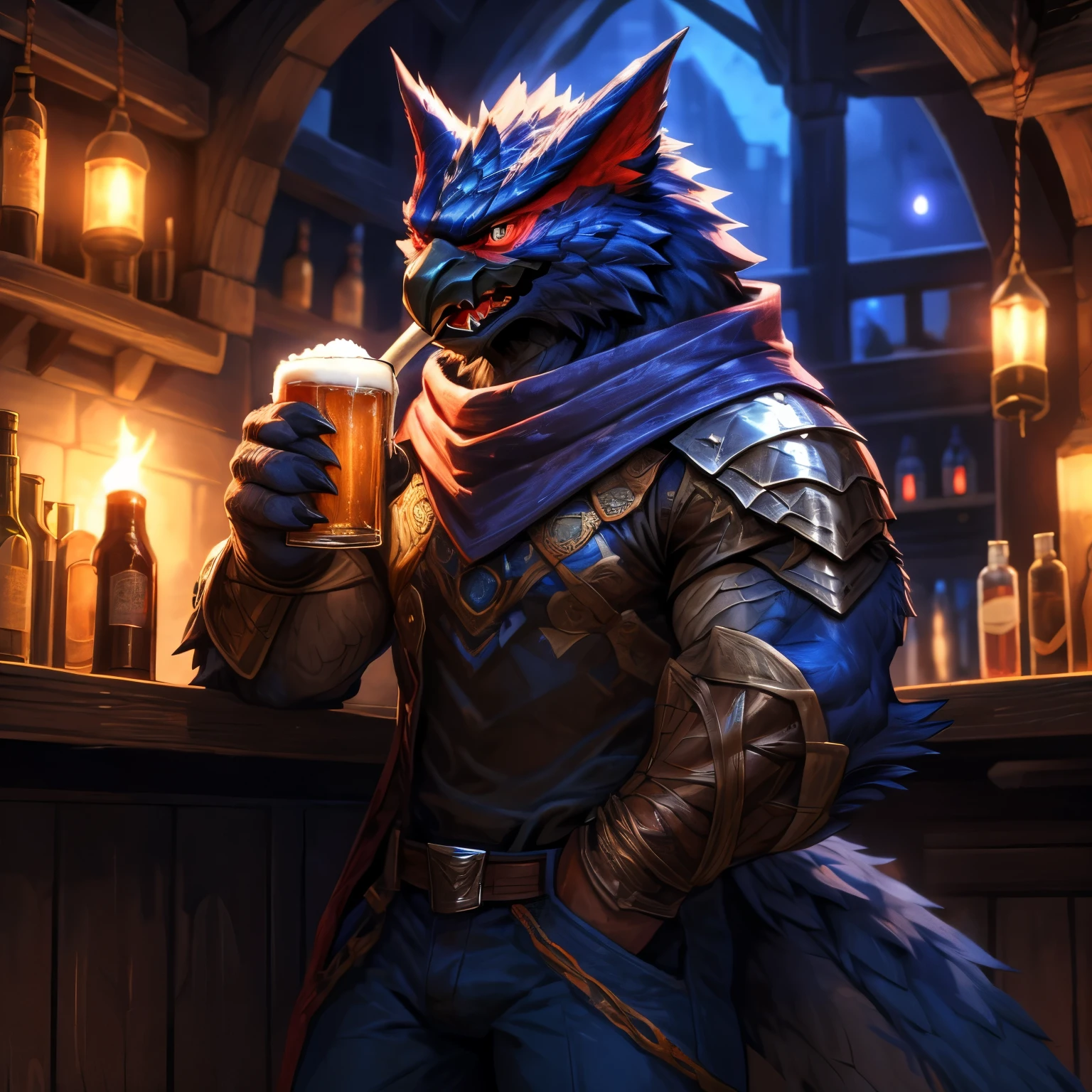 Muscular Nargacuga drinking beer inside a medieval bar, HD, 4K, high resolution, Best quality, perfect colors, perfect shadow, perfect litthing, Males person, Correct Head Anatomy, Correct Anatomy, (Detailed Realistic feathers, epic, tmasterpiece:1.2), (Detailed Medieval bar background), shining feathers, smooth feathers, perfect fur, detailed fur, Nargacuga wearing leather armor, blue pants, Ref T-shirt, Detailed leather armor, perfect pants,Persian scarf, Nargacuga (Monster Hunter), Detailed nozzle, Drinking , torch lighting, night, Detailed Medieval bar, Detailed beer, Laughing, Detailed face