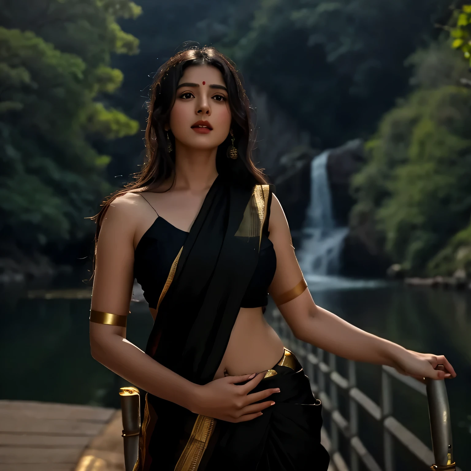 arafed woman in a black sari standing on a bridge, movie stills photography, assamese aesthetic, by Max Dauthendey, traditional beauty, with lovely look, indian goddess, inspired by T. K. Padmini, dressed in a sari, candid picture, stylish pose, gorgeous lady, cinematic goddess shot, indian, gorgeous woman, wearing a sari