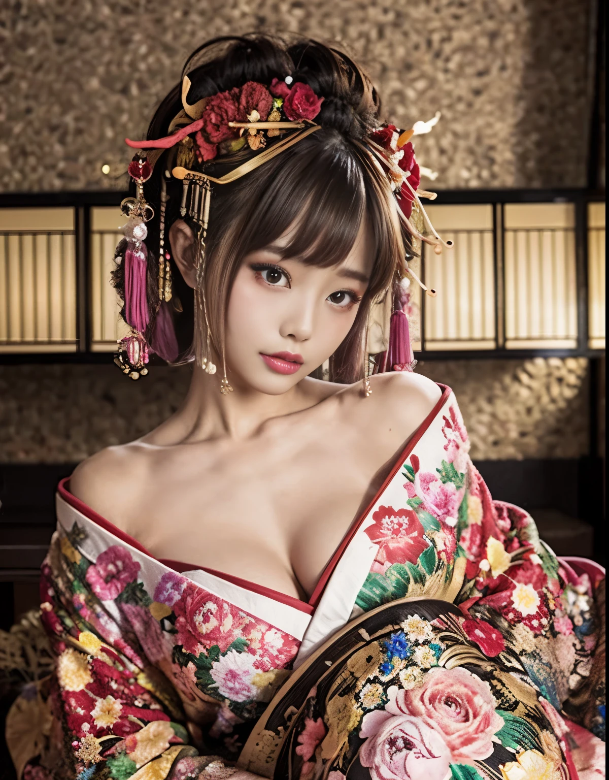 4k, masterpiece, High resolution, confused,Natural volumetric lighting and best shadows, 笑face,deep i is written in the depth of the world,soft delicate beautiful attractive face, beautiful edge courtesan_woman, a woman in a kimono posing for a picture  ,Oiran with a perfect edge_face,Oiran with a perfect edge_body,edgOiran_compensate,edgOiran_hairstyle、NSFW:1.5