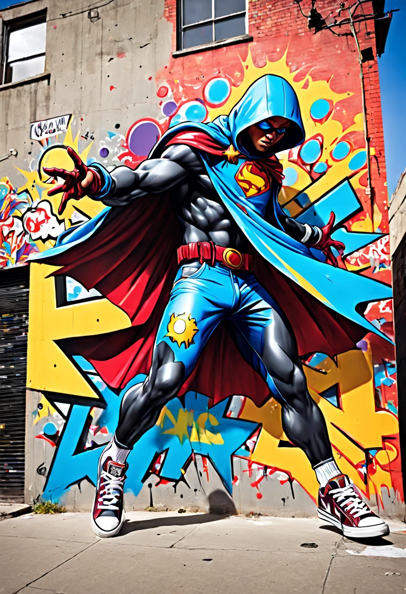 Urban Graffiti Comics Crusader: (vibrant colors:1.3) (graffiti-style:1.3) comic book hero, captured mid-action on a (spray-painted mural:1.2), with (bold outlines:1.2) and (dynamic poses:1.3). The hero sports a (tattered cape:1.1) and (custom sneakers:1.2), emblazoned with (iconic tag symbols:1.3) and stands against a backdrop of a (gritty urban alley:1.2) adorned with (satirical street art:1.3). The scene is bustling with (energetic comic panels:1.2) that blend seamlessly into the (concrete walls:1.1), filled with (onomatopoeic sound effects:1.3) and (animated expressions:1.2) of various (urban characters:1.3).